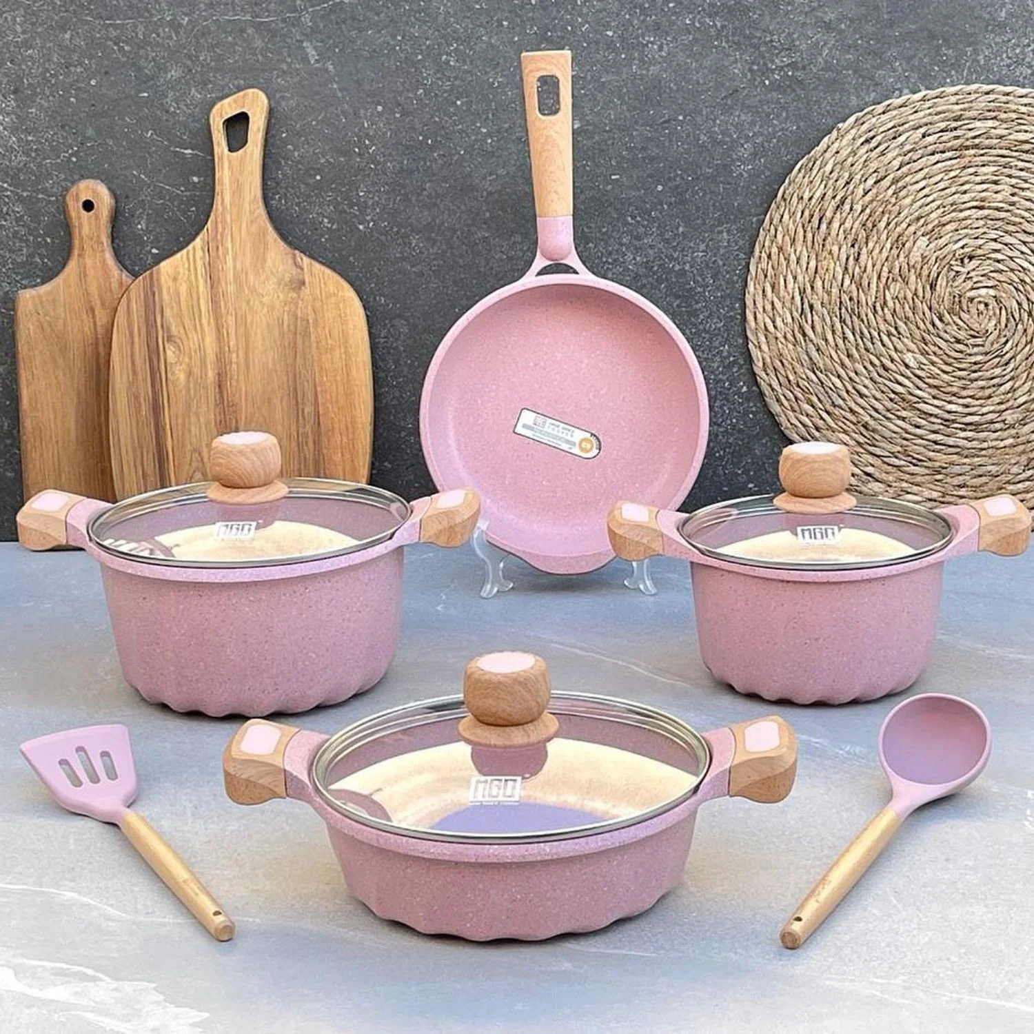 Ollas Y Sartén Ceramico Antiadherente  9 Piezas Color Rosado Granito, Mango Efecto Madera, 100% Libre De Teflon