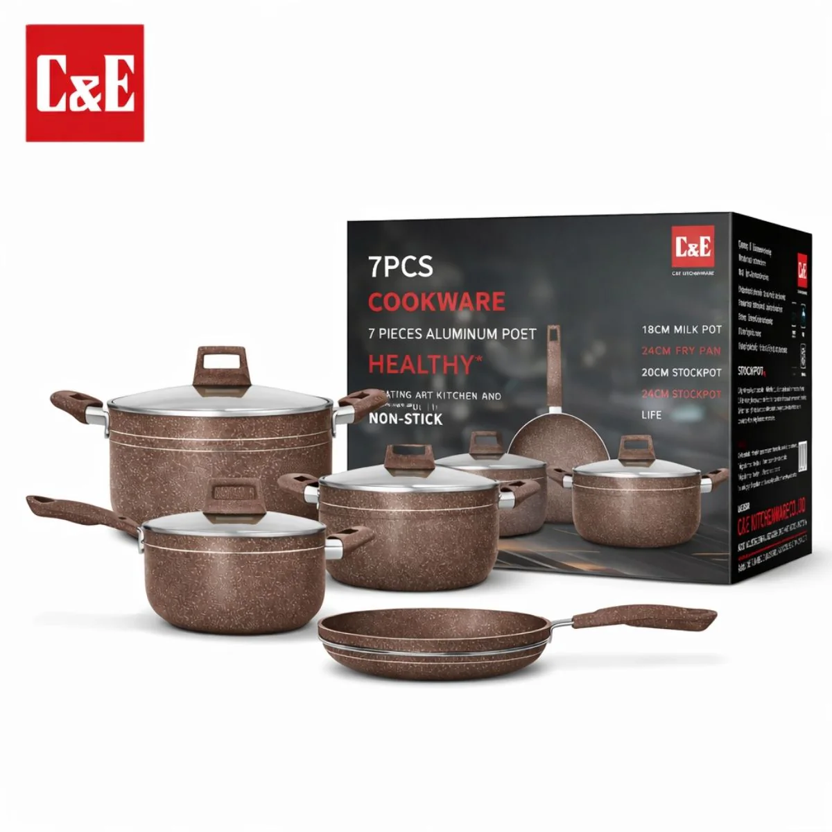 Ollas Y Sartenes Antiadherentes Con Tapas De Vidrio Y Mangos De Baquelita, Cocina Saludable Y Fácil Limpieza. Set De 7 Piezas. 2.2Mm Grosor. Color Chocolate.