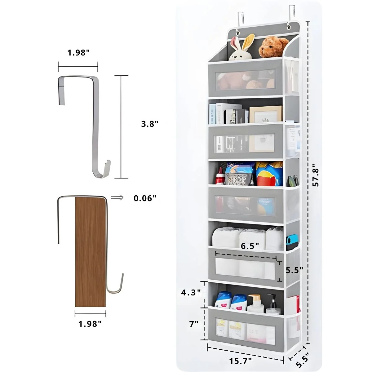 Organizador Colgante De Puerta Con Bolsillos Multiusos Para Baño, Cocina Y Habitación. 57.8” Largo X 15.7" Ancho. 5 Niveles Color Gris - Image 2