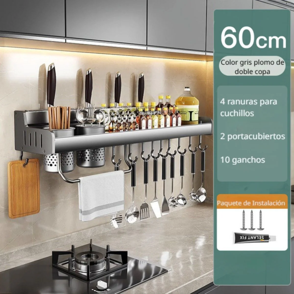 Organizador De Cocina De Pared De Aluminio Especial Con Repisa Y Ganchos. Estante Flotante Multiuso 23.6X5.3" (60X13.5Cm) - Image 2