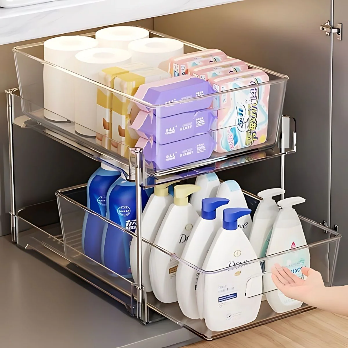 Organizador De Cocina Y Baño De 2 Niveles Con Cajones Deslizantes. Estante De Almacenamiento Para Fregador 28.9X17cm. Transparente.