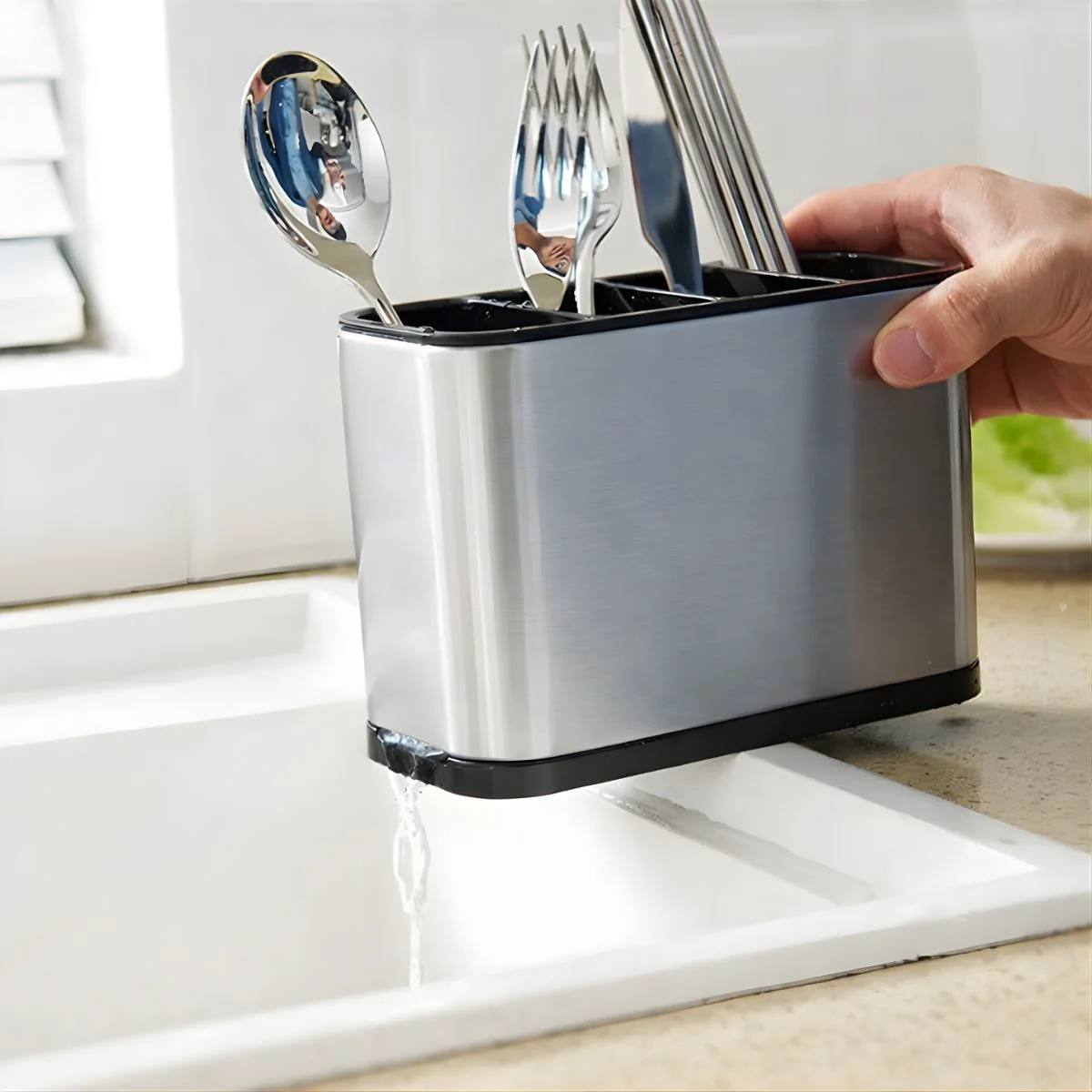Organizador De Cubiertos Para Cocina Con Drenaje. Porta Cubiertos De Acero Inoxidable. Escurridor Con 4 Compartimientos. - Image 4