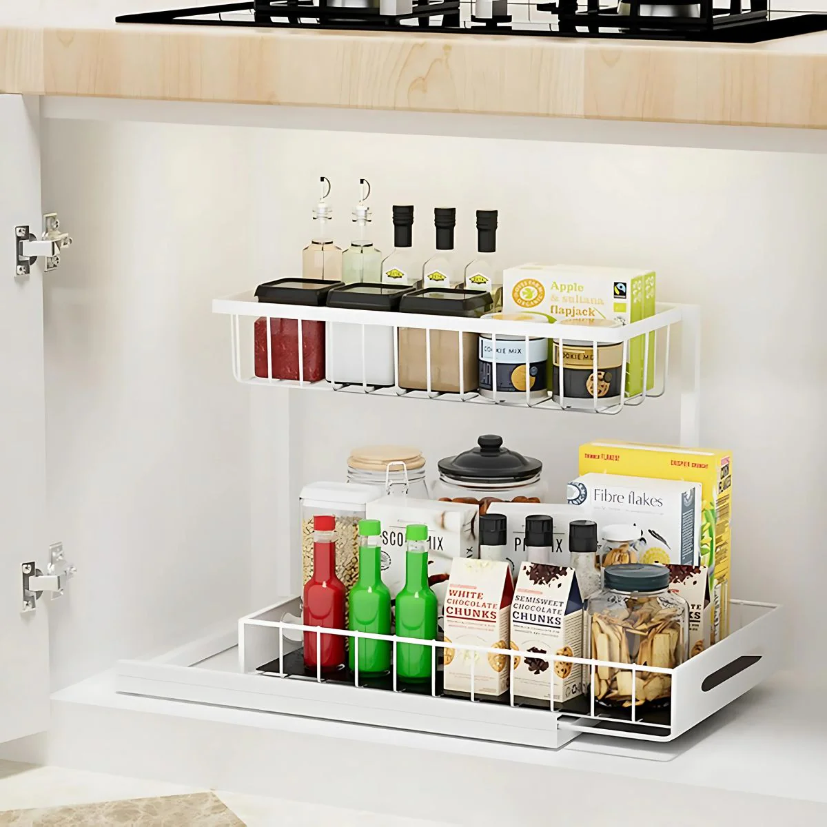 Organizador De Dos Niveles Con Cajón Deslizante Para Debajo Del Fregador. Color Blanco. Estante De Almacenamiento Ideal Para Cocina O Baño.