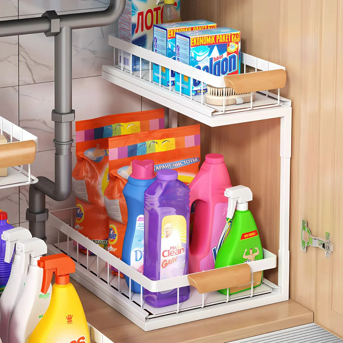 Organizador De Dos Niveles Con Repisas Deslizantes. Estante De Almacenamiento Para Fregador Cocina O Baño 37X36.5X27cm. Color Banco.