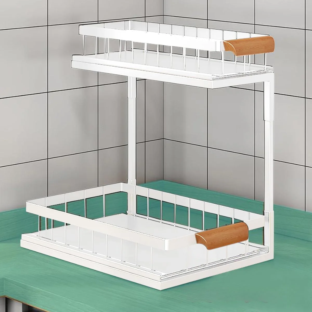 Organizador De Dos Niveles Con Repisas Deslizantes. Estante De Almacenamiento Para Fregador Cocina O Baño 37X36.5X27cm. Color Banco. - Image 2