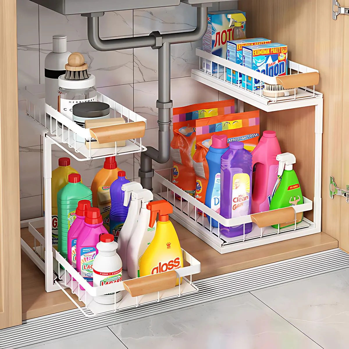 Organizador De Dos Niveles Con Repisas Deslizantes. Estante De Almacenamiento Para Fregador Cocina O Baño 37X36.5X27cm. Color Banco. - Image 3