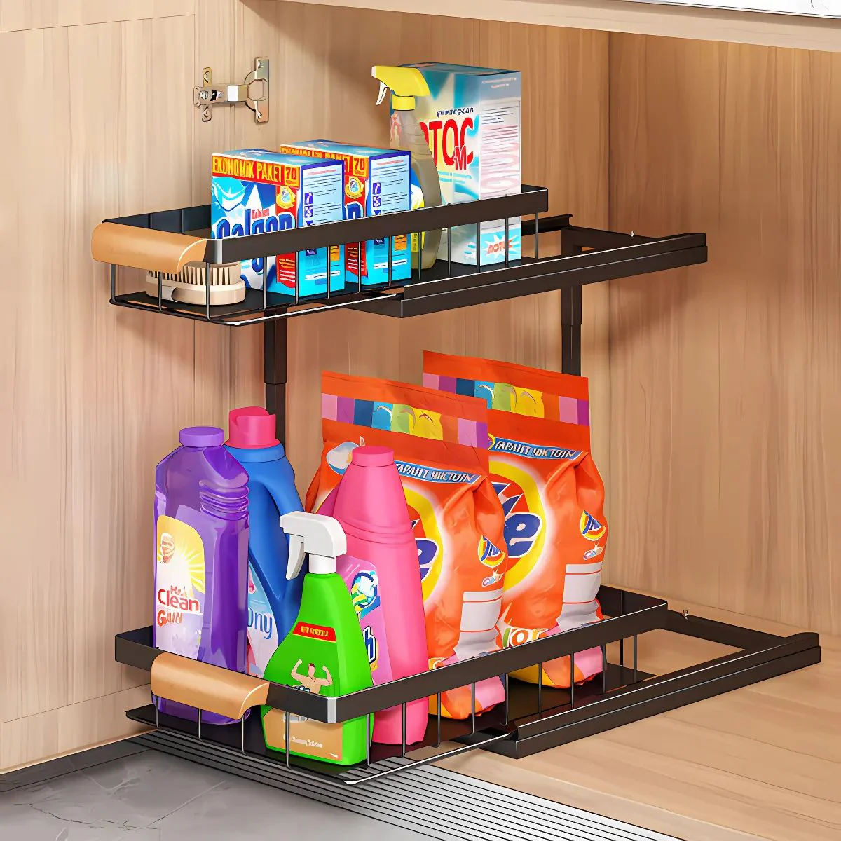 Organizador De Dos Niveles Con Repisas Deslizantes. Estante De Almacenamiento Para Fregador Cocina O Baño 37X36.5X27cm. Color Negro.