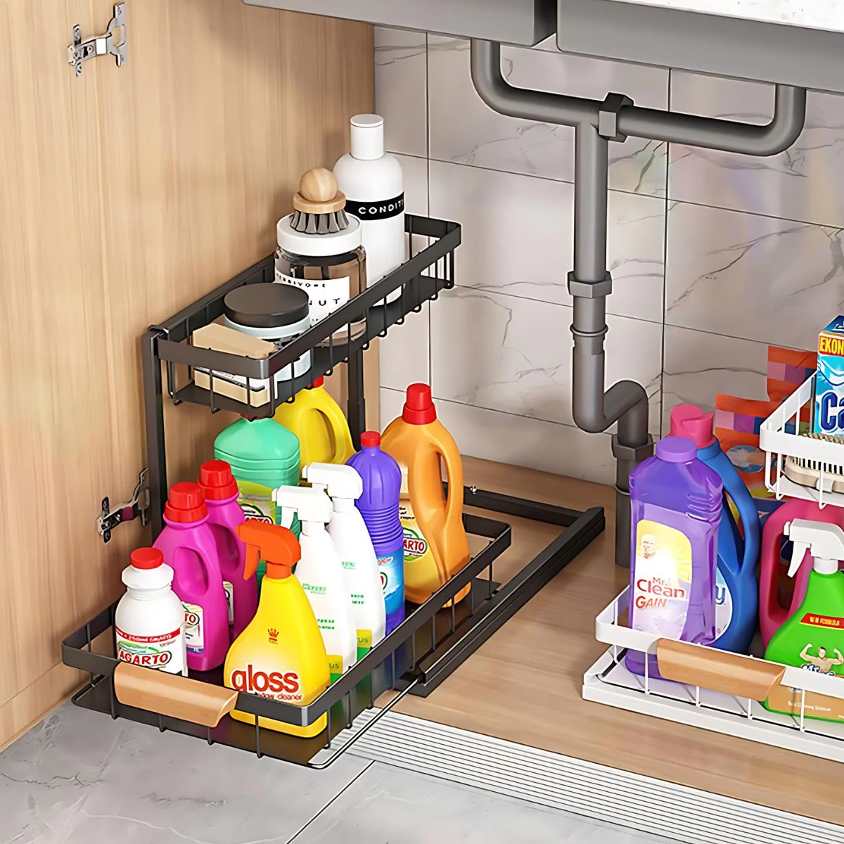 Organizador De Dos Niveles Con Repisas Deslizantes. Estante De Almacenamiento Para Fregador Cocina O Baño 37X36.5X27cm. Color Negro. - Image 3
