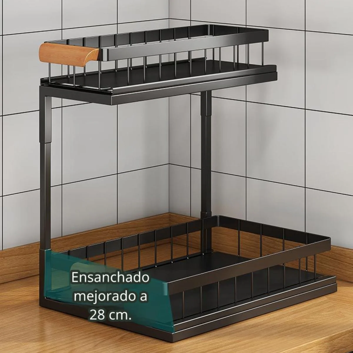Organizador De Dos Niveles Con Repisas Deslizantes. Estante De Almacenamiento Para Fregador Cocina O Baño 37X36.5X27cm. Color Negro. - Image 4