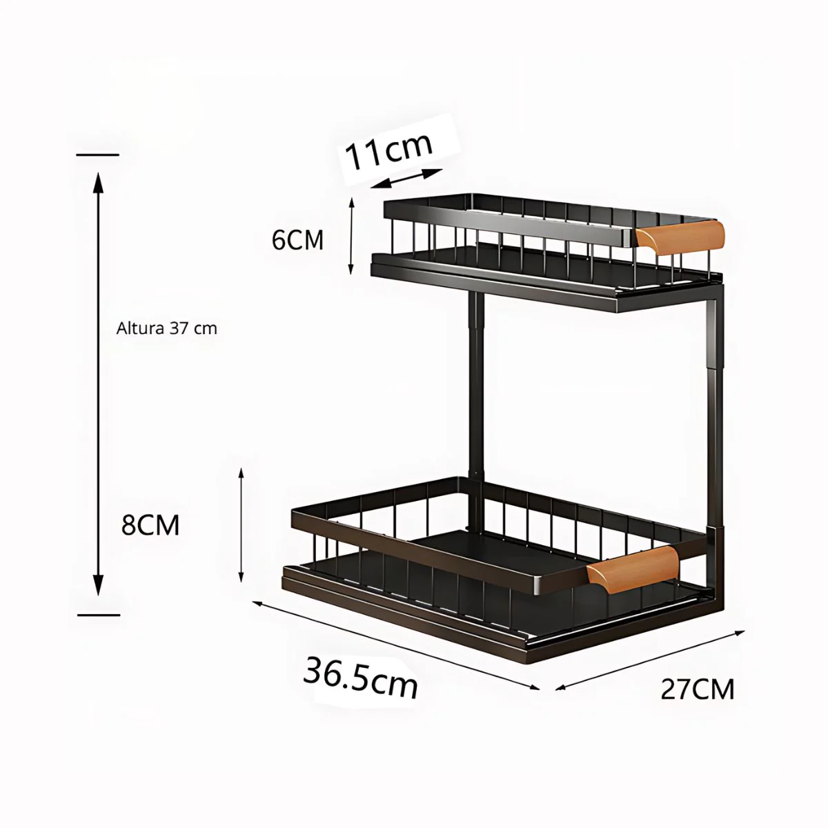 Organizador De Dos Niveles Con Repisas Deslizantes. Estante De Almacenamiento Para Fregador Cocina O Baño 37X36.5X27cm. Color Negro. - Image 5