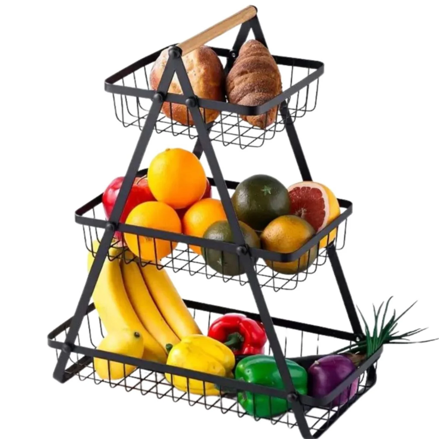 Organizador De Frutas Y Vegetales  3 Niveles 49X33 Cm Color Negro En Hierro Con Diseño Apilable. Cesta Frutera. Cocina