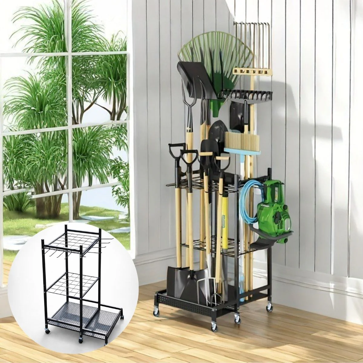 Organizador De Herramientas De Jardín Con Ruedas 79×43×30 Cm, Estantería Metálica Porta Herramientas Para Garaje Y Patio. Rack