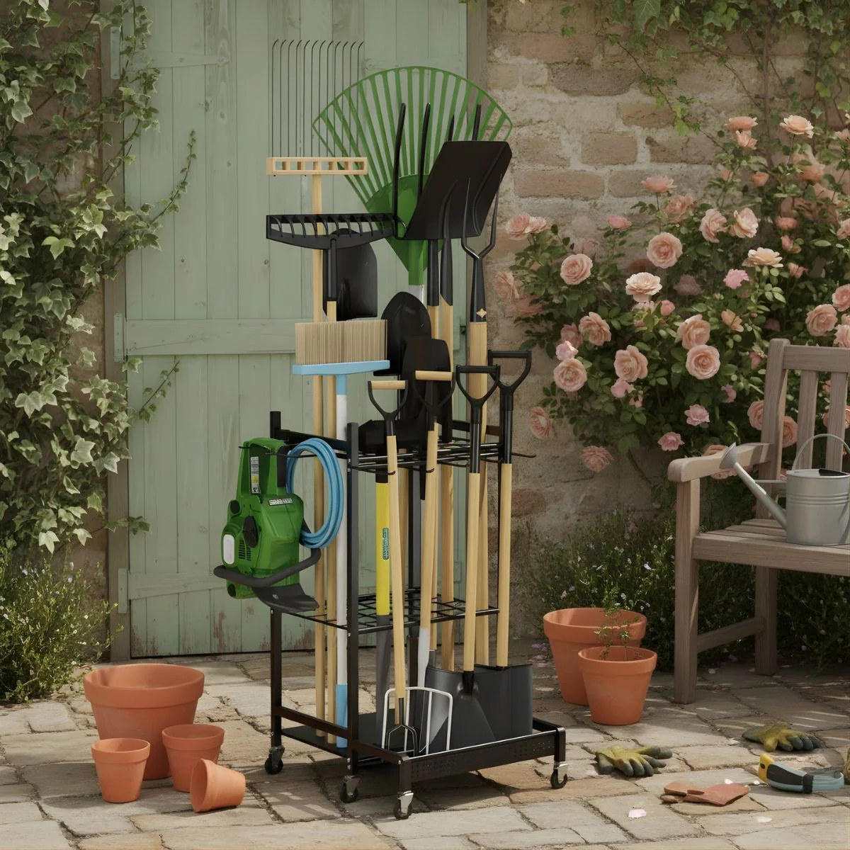 Organizador De Herramientas De Jardín Con Ruedas 79×43×30 Cm, Estantería Metálica Porta Herramientas Para Garaje Y Patio. Rack - Image 2