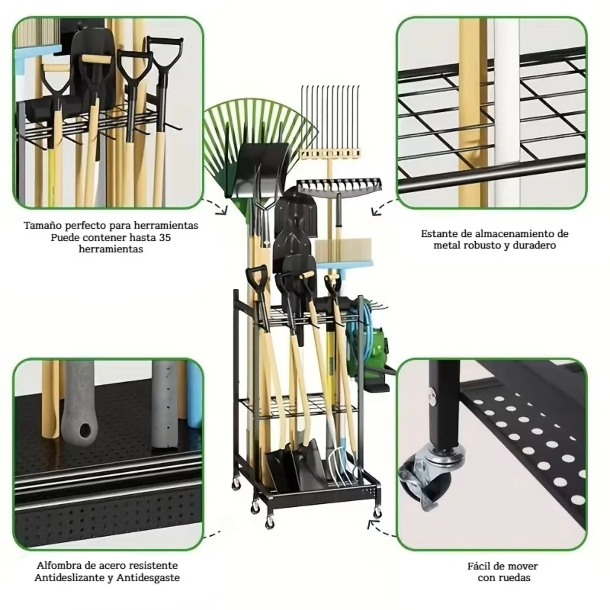 Organizador De Herramientas De Jardín Con Ruedas 79×43×30 Cm, Estantería Metálica Porta Herramientas Para Garaje Y Patio. Rack - Image 3
