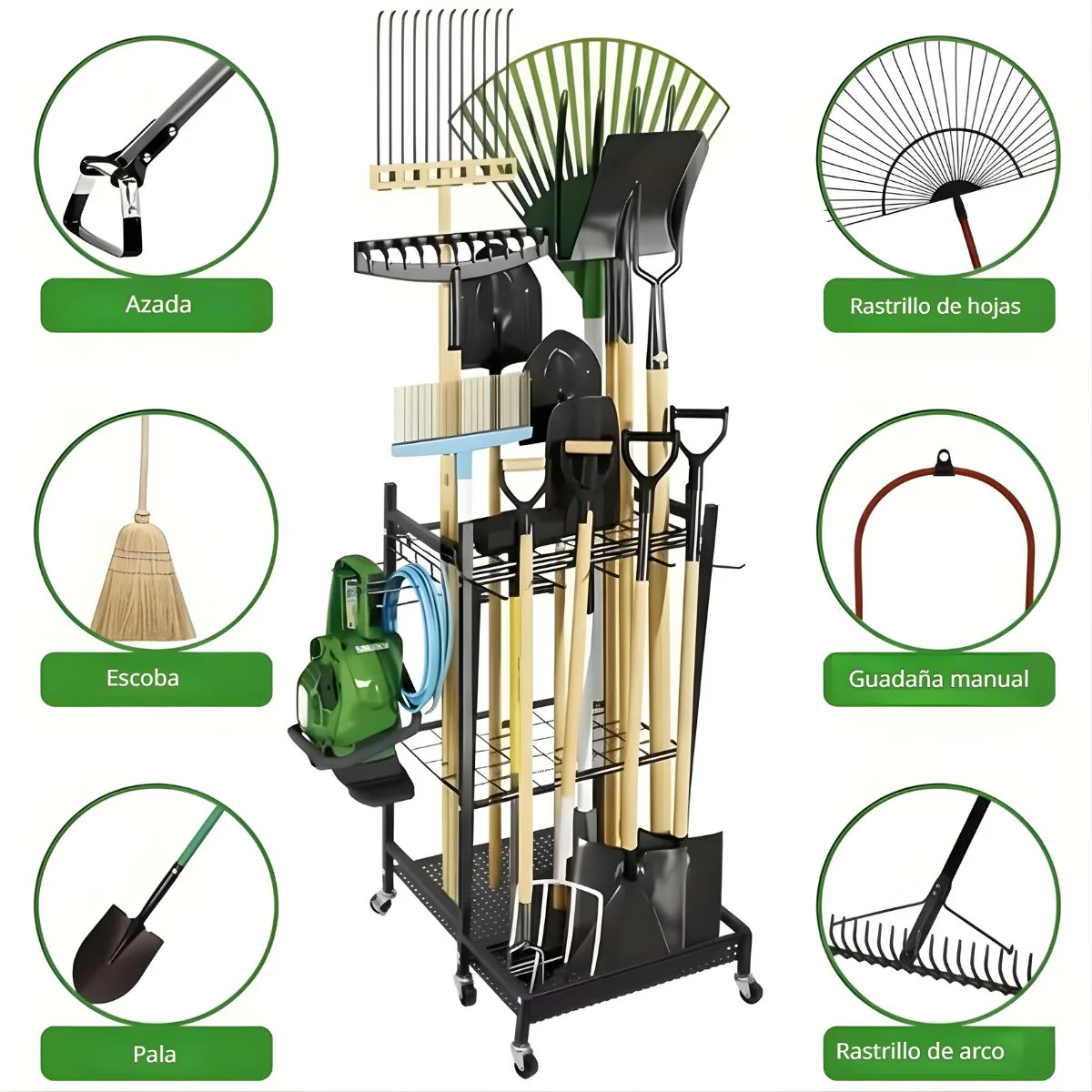 Organizador De Herramientas De Jardín Con Ruedas 79×43×30 Cm, Estantería Metálica Porta Herramientas Para Garaje Y Patio. Rack - Image 4