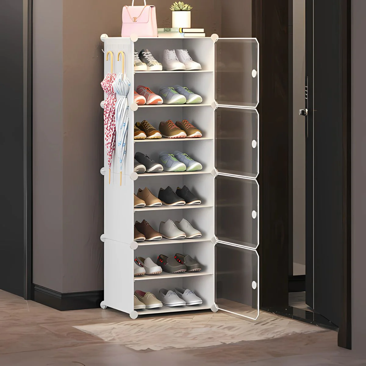 Organizador De Zapatos De 1 Columna 8 Niveles Con Puertas Transparentes. Zapatero Compacto Economico De Plastico Tensado. 44X127x31cm.