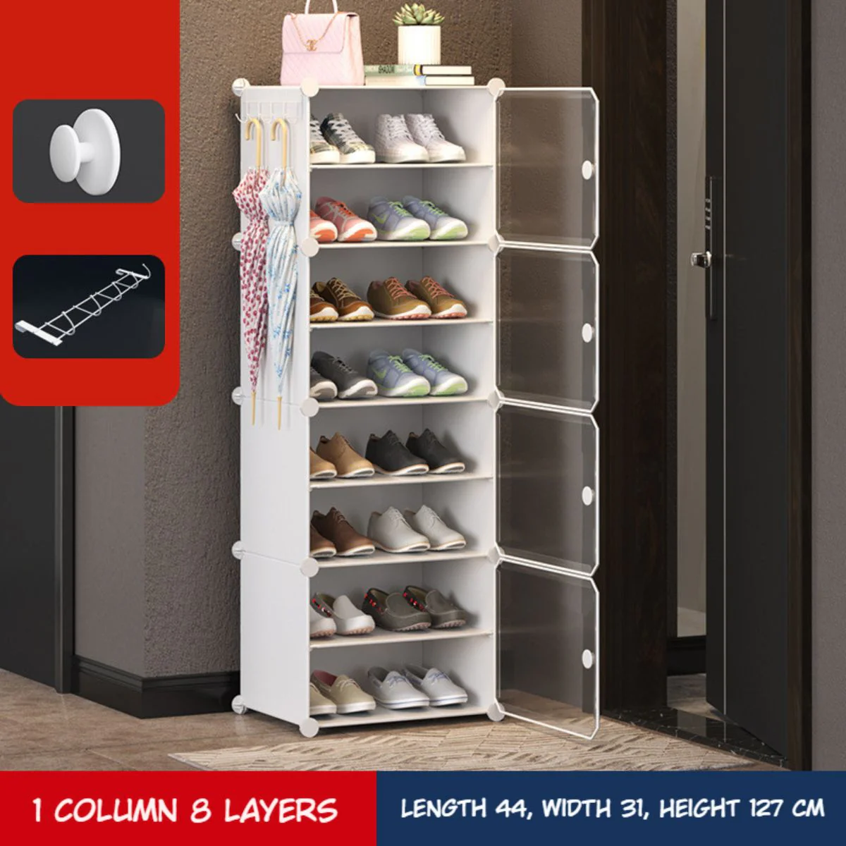 Organizador De Zapatos De 1 Columna 8 Niveles Con Puertas Transparentes. Zapatero Compacto Economico De Plastico Tensado. 44X127x31cm. - Image 2