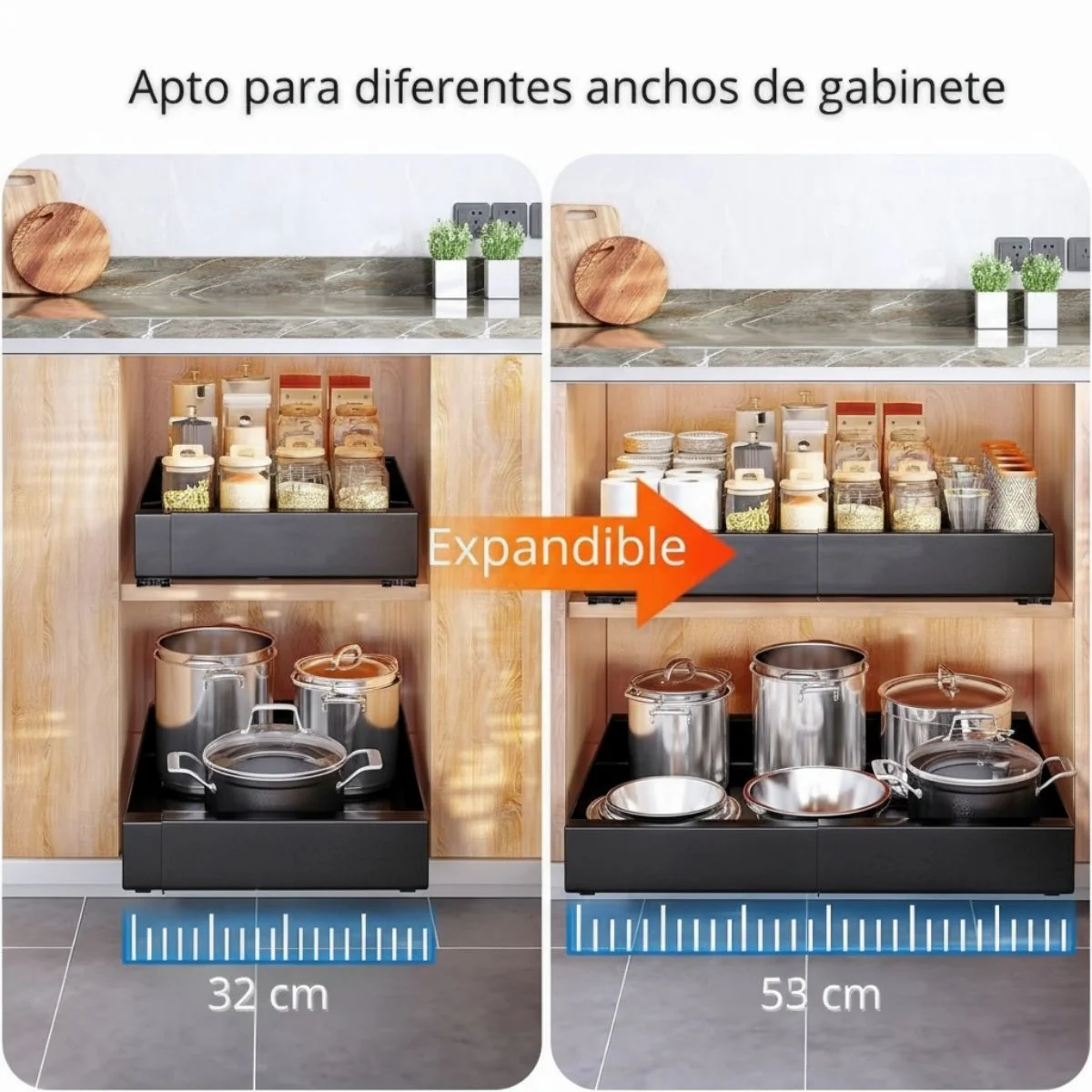 Organizador Gaveta De Cocina Expandible Y Extraíble De Acero Para Latas, Platos Y Despensa. 32 A 53Cm De Ancho X42.5Cm Profundo. Color Negro. 1 Unidad - Image 2