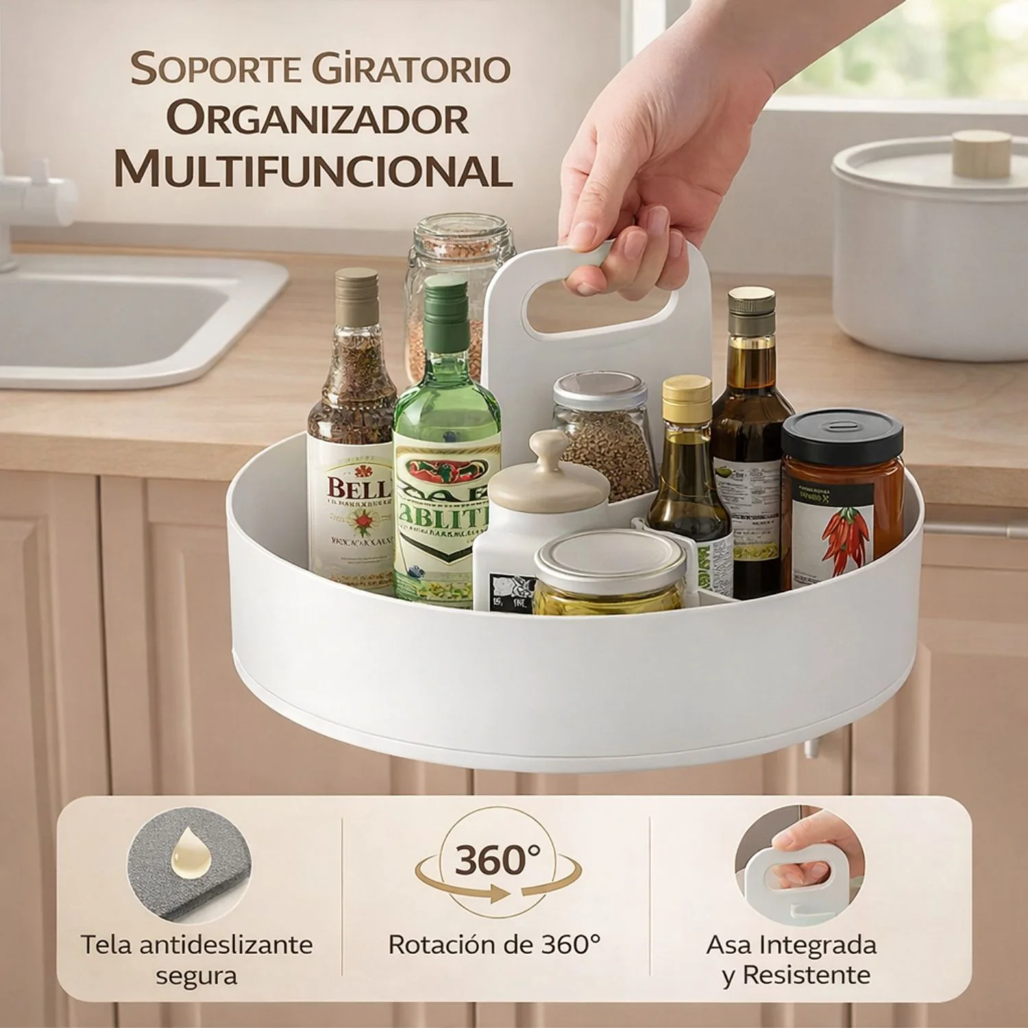 Organizador Giratorio Multifuncional 360° Para Cocina (25.5Cm) Con Asa. Base Antideslizante. Bandeja Giratoria.