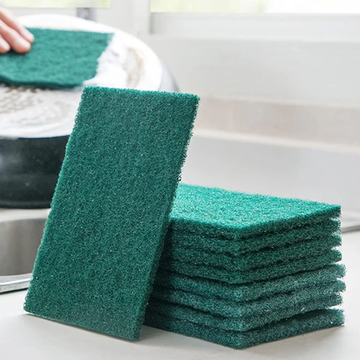 Pad Abrasivo De Satinar Esponja Para Fregar De Nylon. Color Verde. (Pack De 5 Unidades). Multiusos. 15X10x0.8 Cm