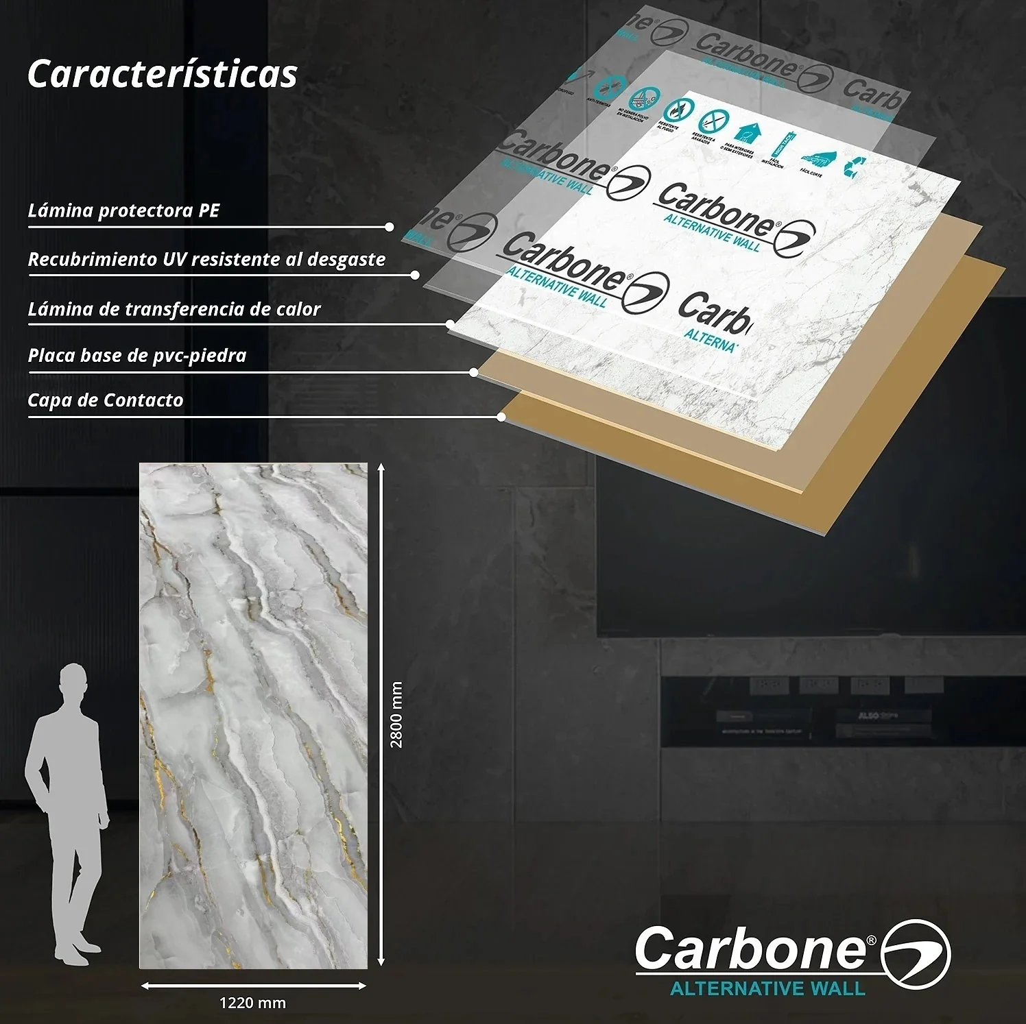 Panel Decorativo Mármol PVC  1.22 M X 2.80 M X 3 Mm Grey Gold. Láminas De PVC Para Paredes Y Techo.