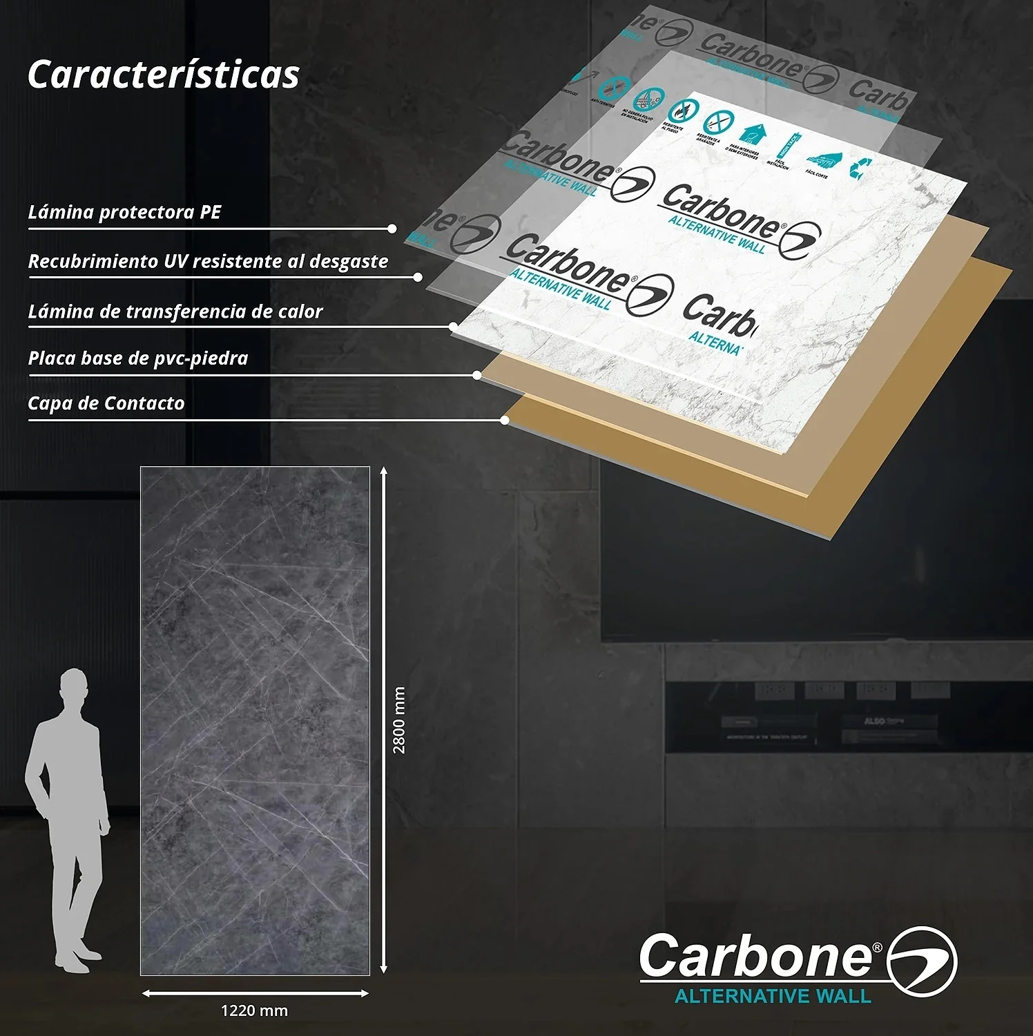 Panel Decorativo Mármol PVC 1.22M X 2.80M X 3Mm Gris Marquina (Línea Económica) Láminas De PVC Para Paredes Y Techo.
