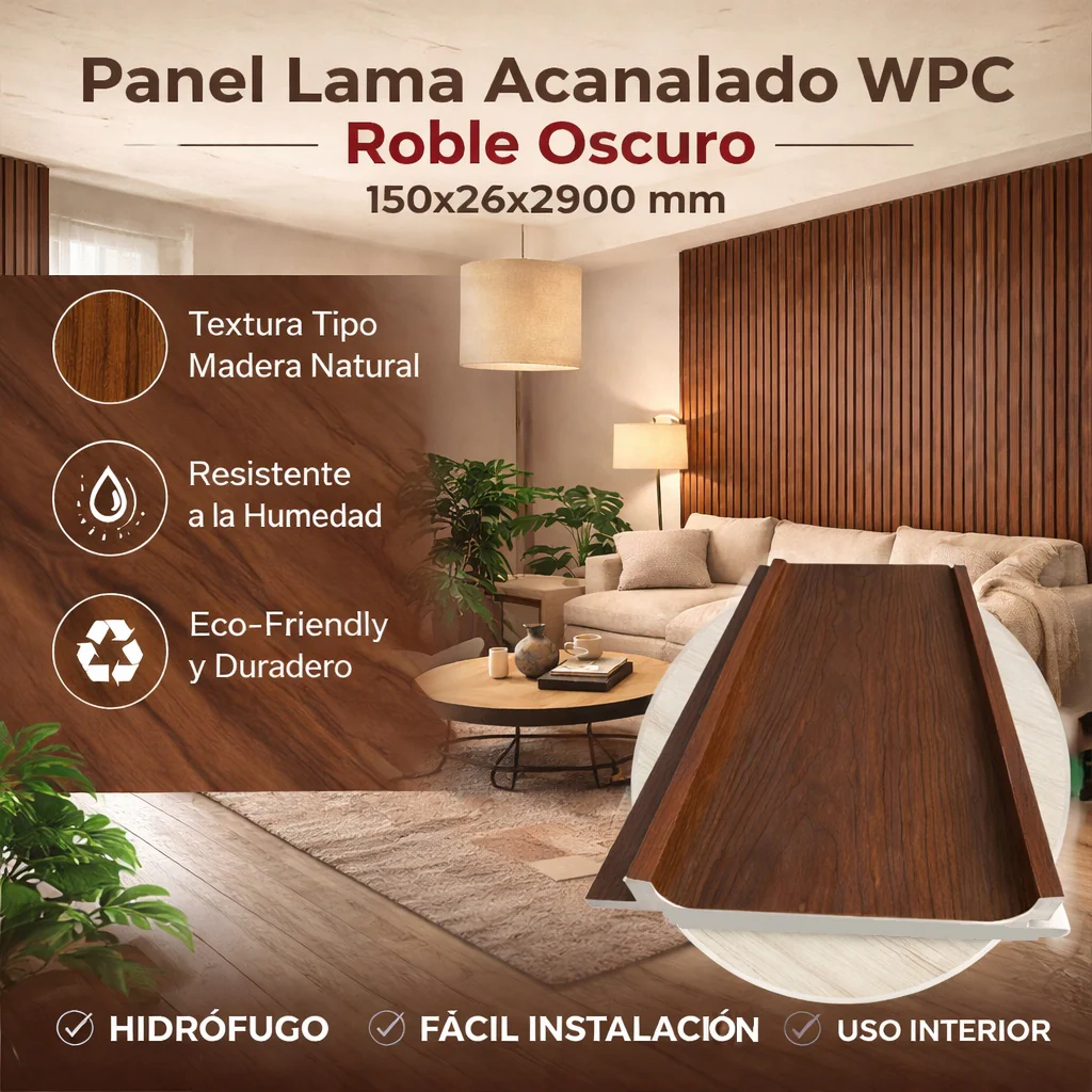 Panel Lama Acanalado WPC Roble Oscuro 150X24x2900 Mm | Revestimiento Interior Hidrófugo Para Muros Y Techos