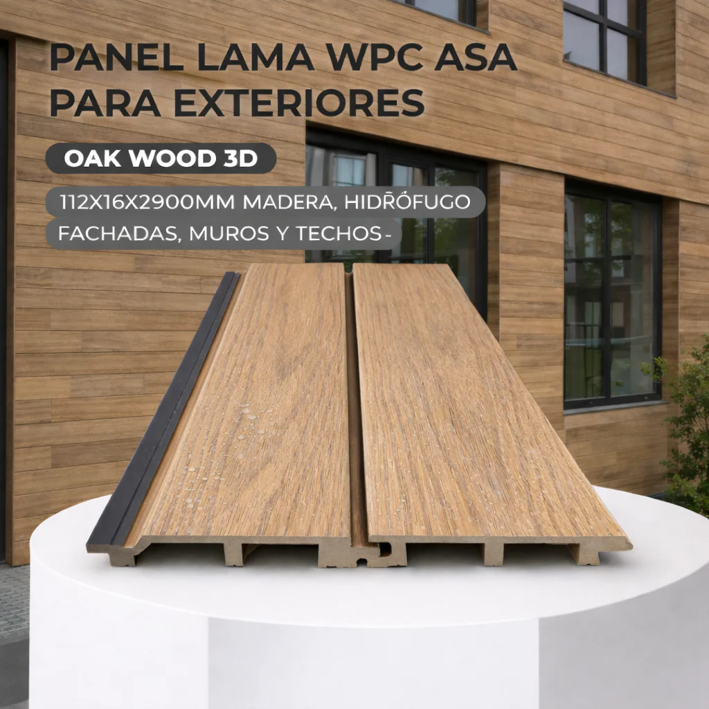 Panel Lama WPC ASA Oak Wood 3D Para Exteriores 112X16x2900mm, Madera, Hidrófugo Fachadas, Muros Y Techos