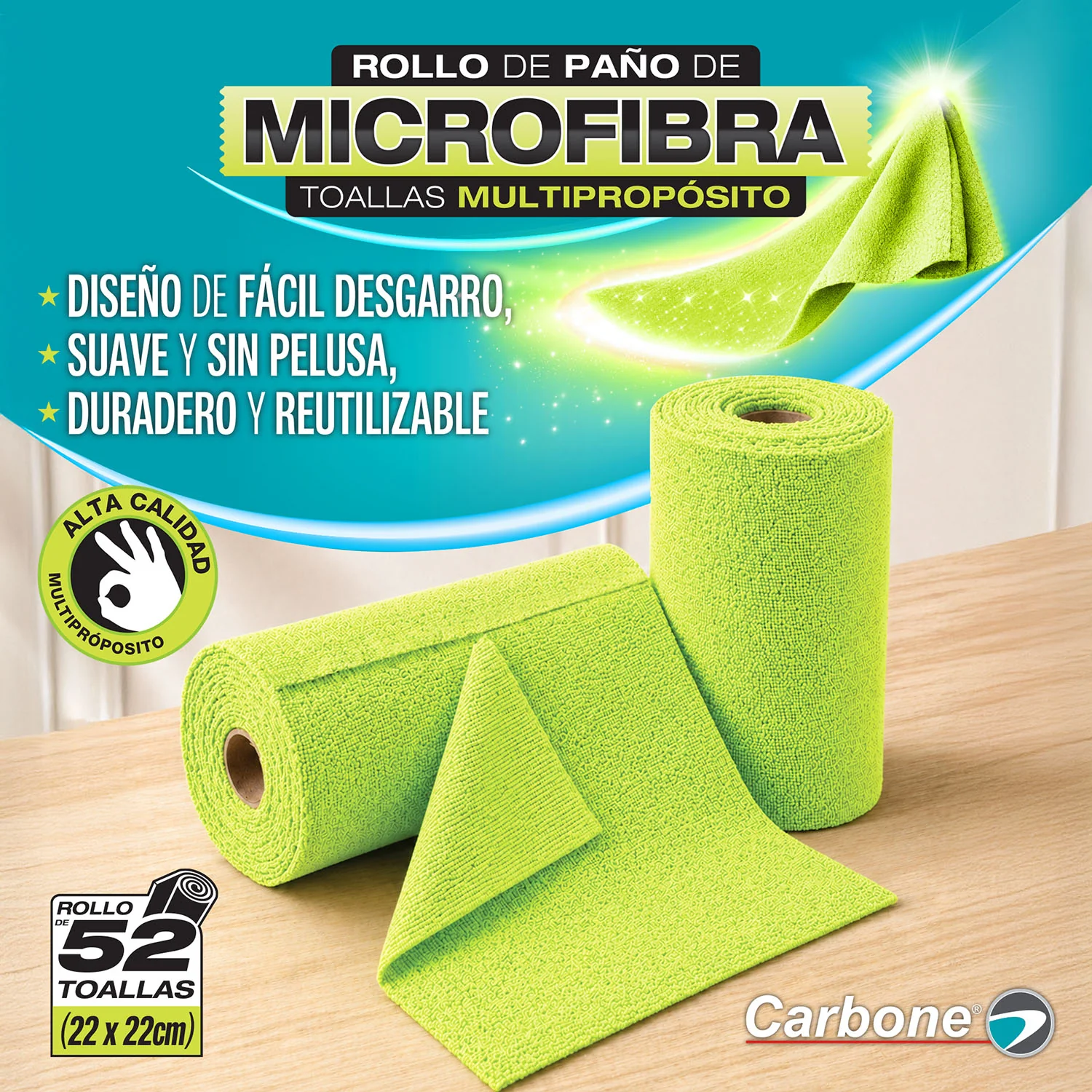 Paños De Microfibra En Rollo De 52 Unidades (Toallas 22×22Cm). Trapos Súper Absorbentes Y Reutilizables Para Limpieza.