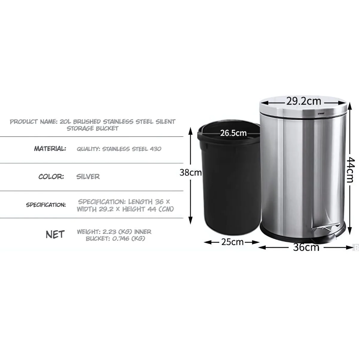 Papelera Con Pedal Acero Inoxidable 20L. Con Cierre Suave Basurero Tinaco Antideslizante Y Con Tapa Para Baño U Oficina. - Image 4