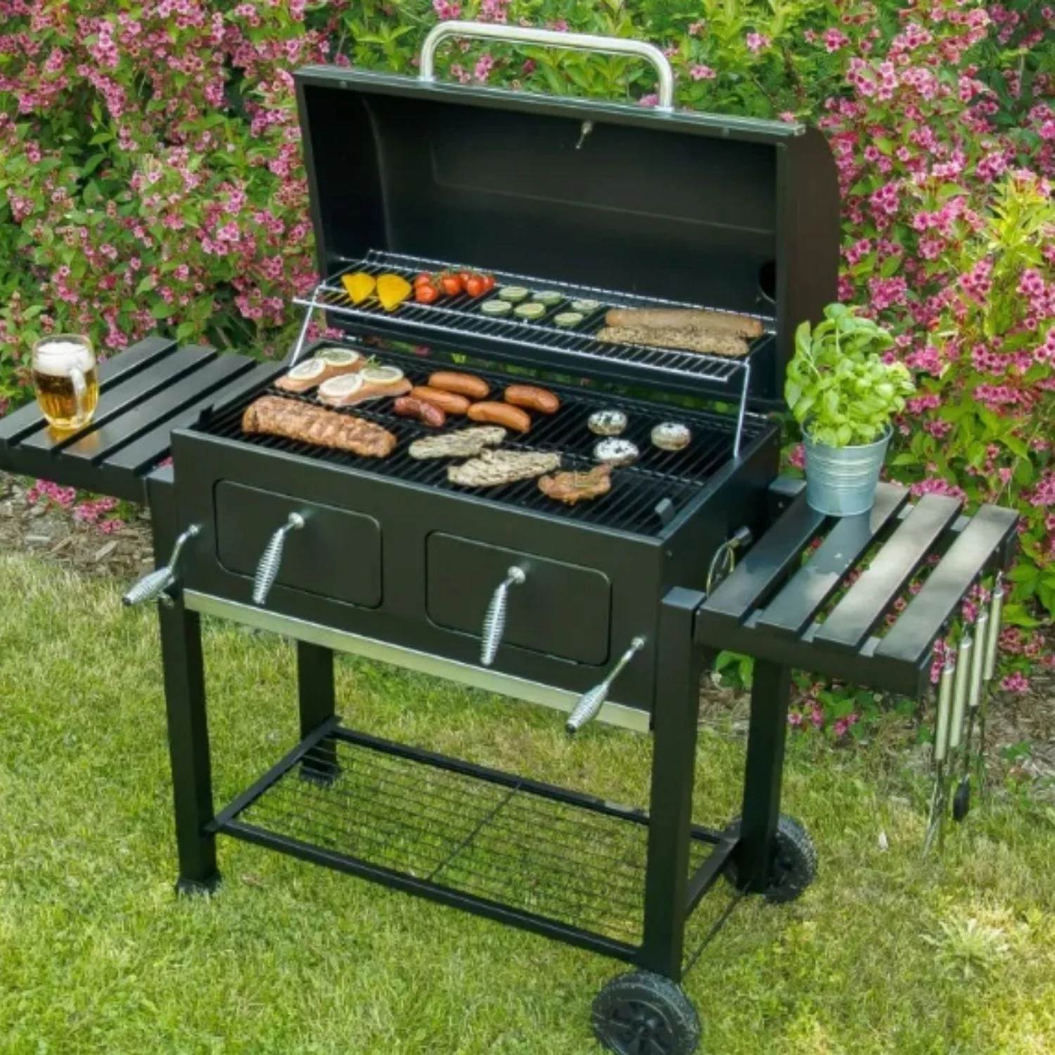 Parrilla BBQ De Hierro Con Ruedas 164X45x44cm Estilo Clásico Para BBQ Al Aire Libre. Asador De Carbón