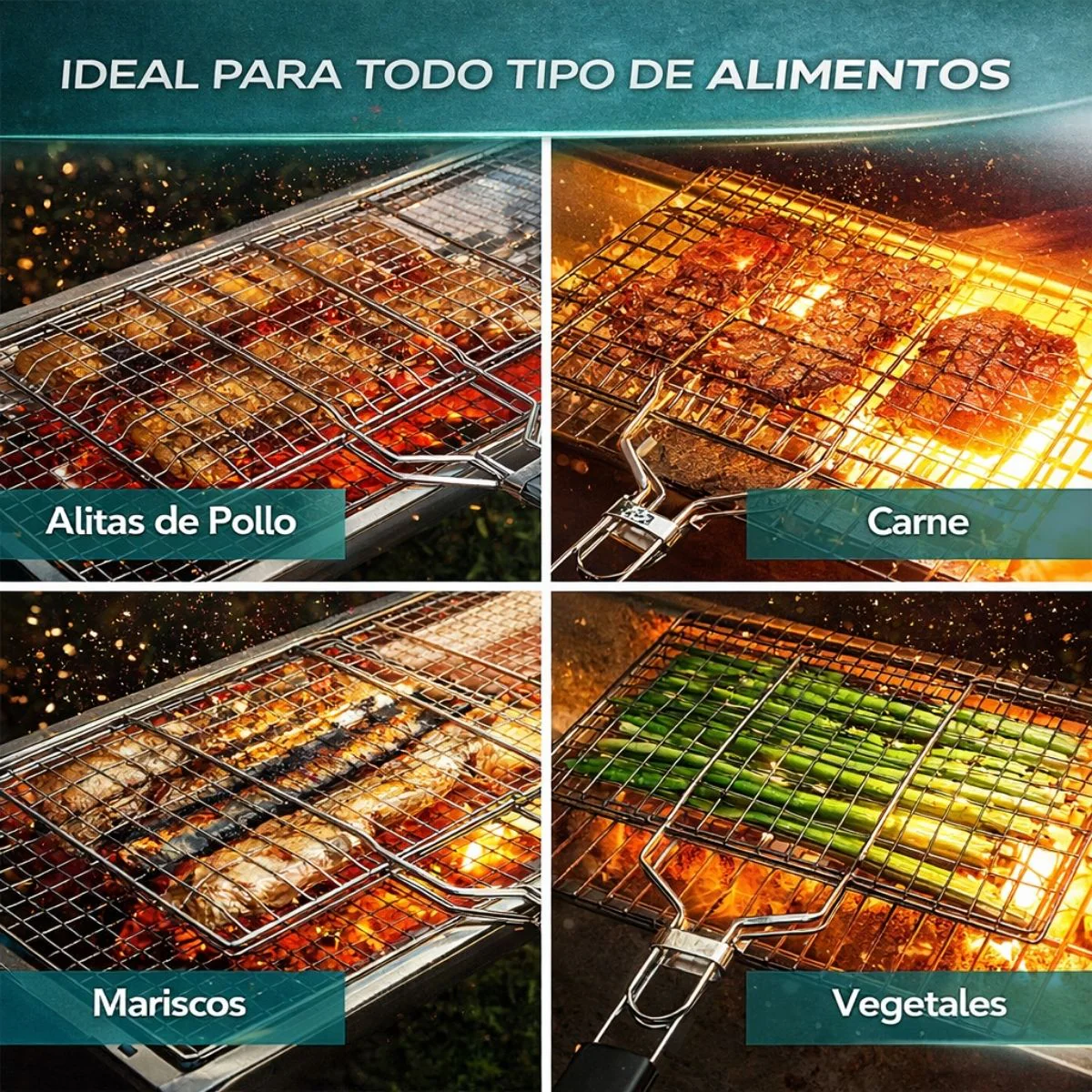 Parrilla Canastilla Cuadrada Para BBQ De Acero Inoxidable 48*33 Aprox Cm Con Mango Antideslizante. Rejilla Doble Para Carne Pescado Verduras Y Alitas. Barbacoa. Grill - Image 2