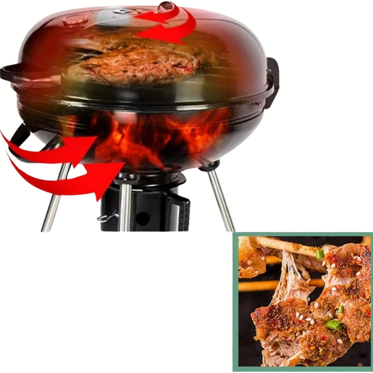 Parrilla De Carbón Redonda 22" 56X88 Cm Estilo Barbacoa Portátil De Hierro Con Termómetro Y Estante. Asador A Carbón - Image 4