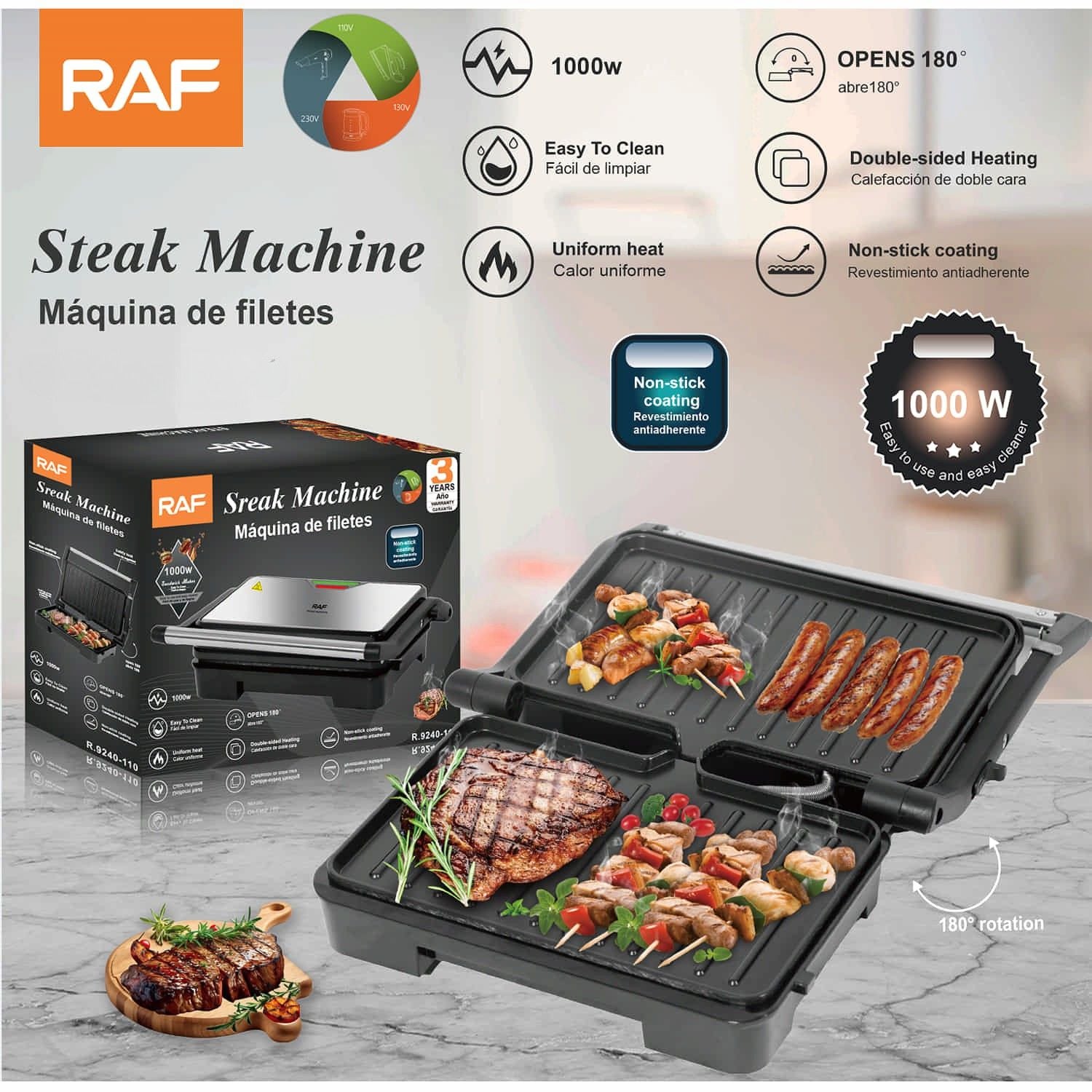 Parrilla Eléctrica 1000W Abre 180° Con Revestimiento Antiadherente Y Doble Calor 110V /60Hz.  Asador De Carnes.