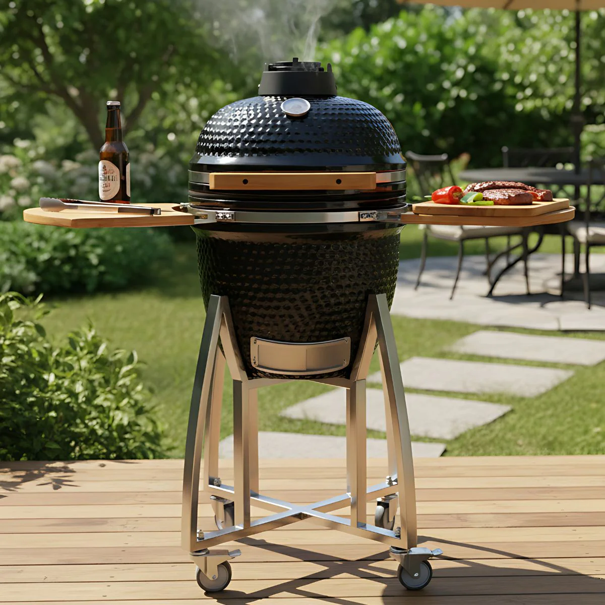 Parrilla Kamado Ahumador Cerámica 18” (38.5 Cm). BBQ Asador De Carbón Portátil Con Termómetro Barbacoa.