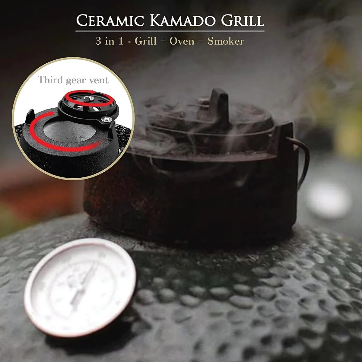 Parrilla Kamado Ahumador Cerámica 18” (38.5 Cm). BBQ Asador De Carbón Portátil Con Termómetro Barbacoa. - Image 4