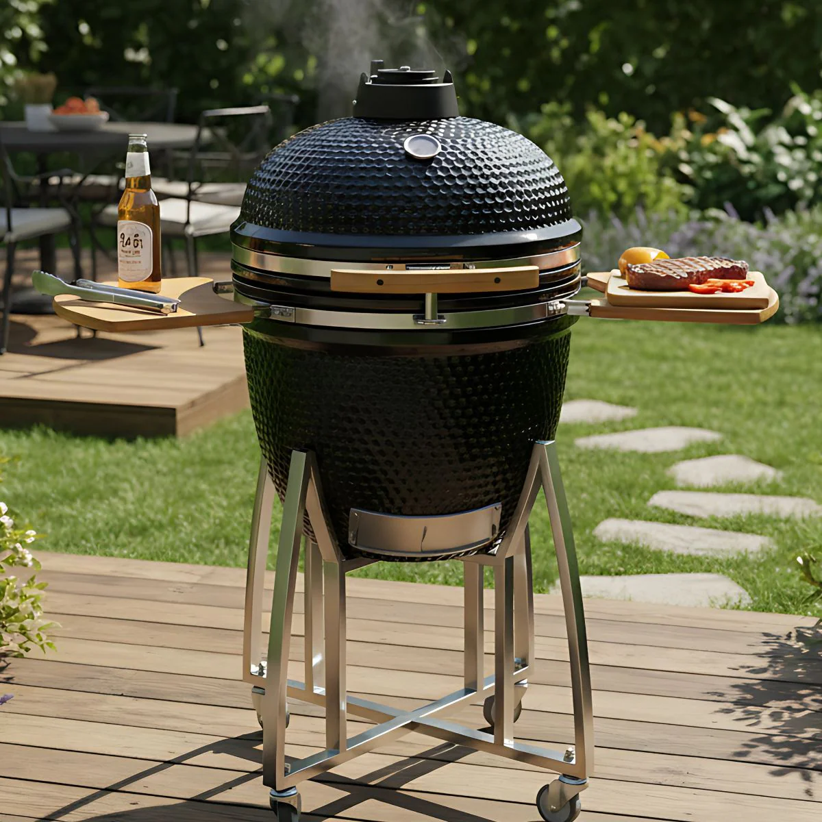 Parrilla Kamado Ahumador Cerámica 21” (46.7 Cm). BBQ Asador De Carbón Portátil Con Termómetro Barbacoa.