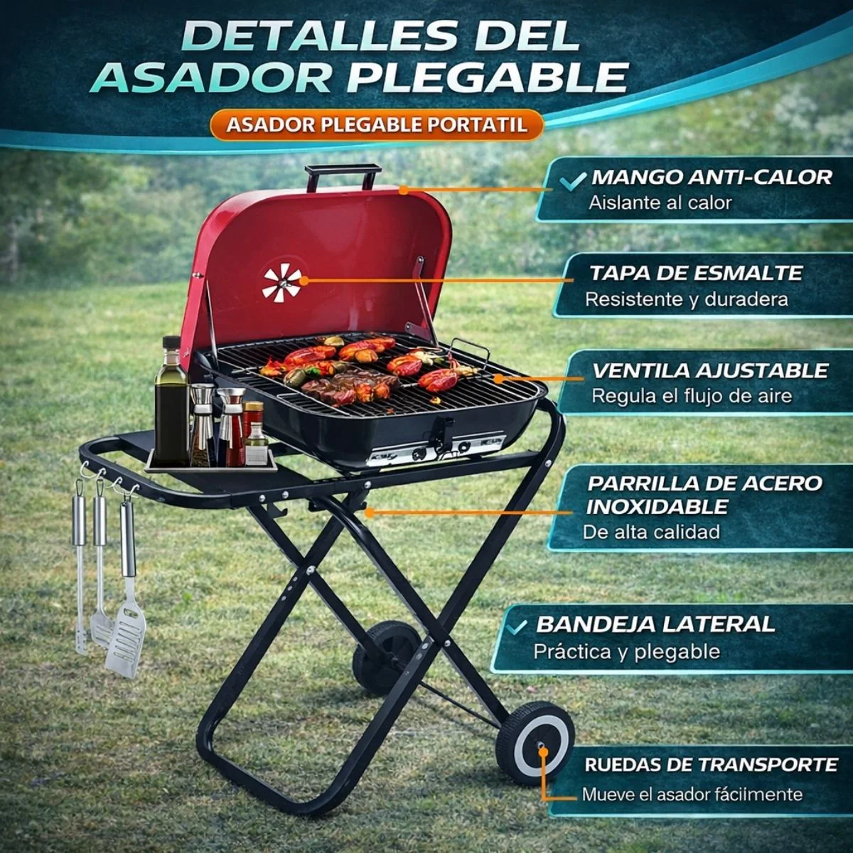 Parrillera BBQ Portátil De Carbón 18” Con 53Cm X 49Cm X 23Cm Tapa Y Ruedas. Asador Plegable Para Camping, Jardín Y Exterior - Image 4