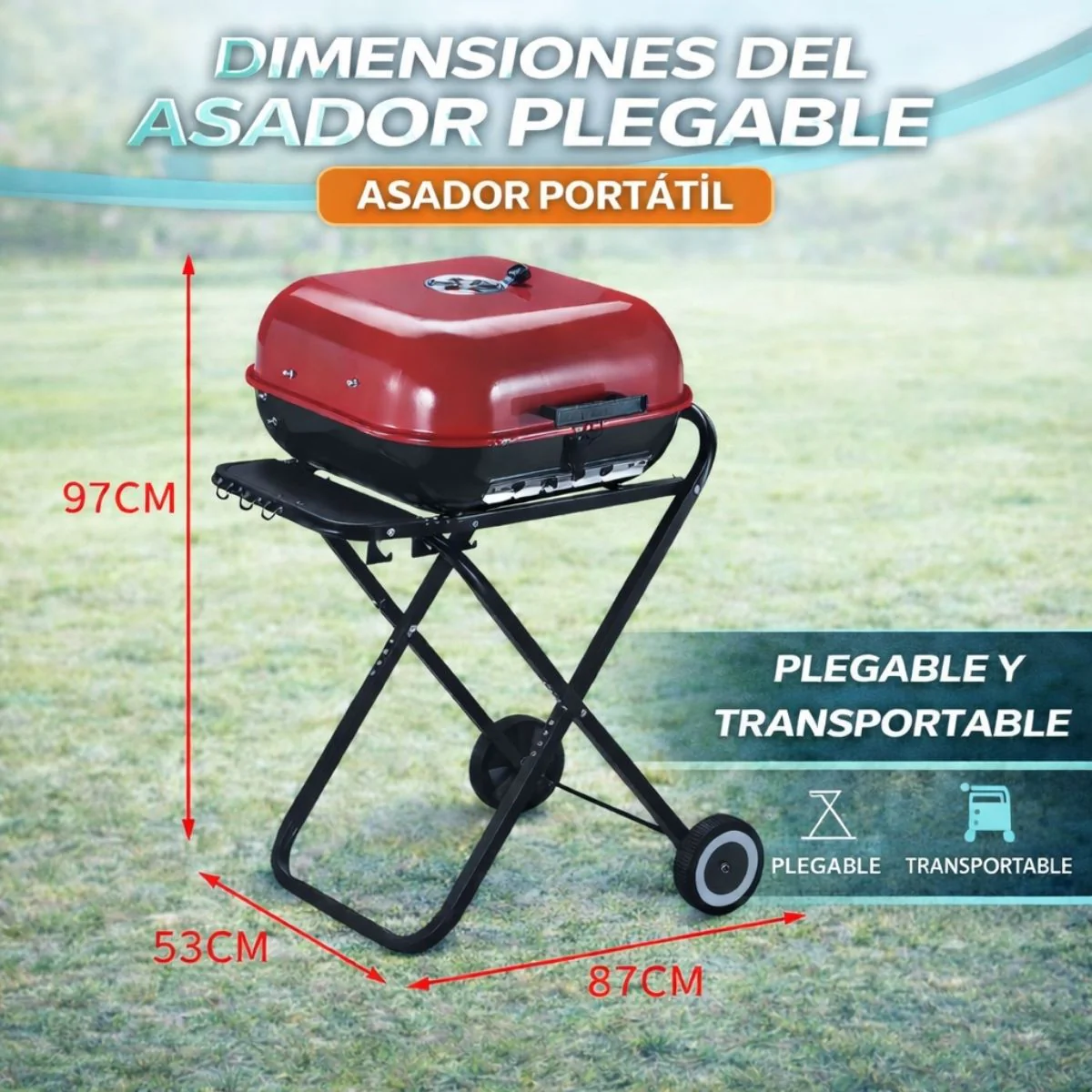 Parrillera BBQ Portátil De Carbón 18” Con 53Cm X 49Cm X 23Cm Tapa Y Ruedas. Asador Plegable Para Camping, Jardín Y Exterior - Image 5