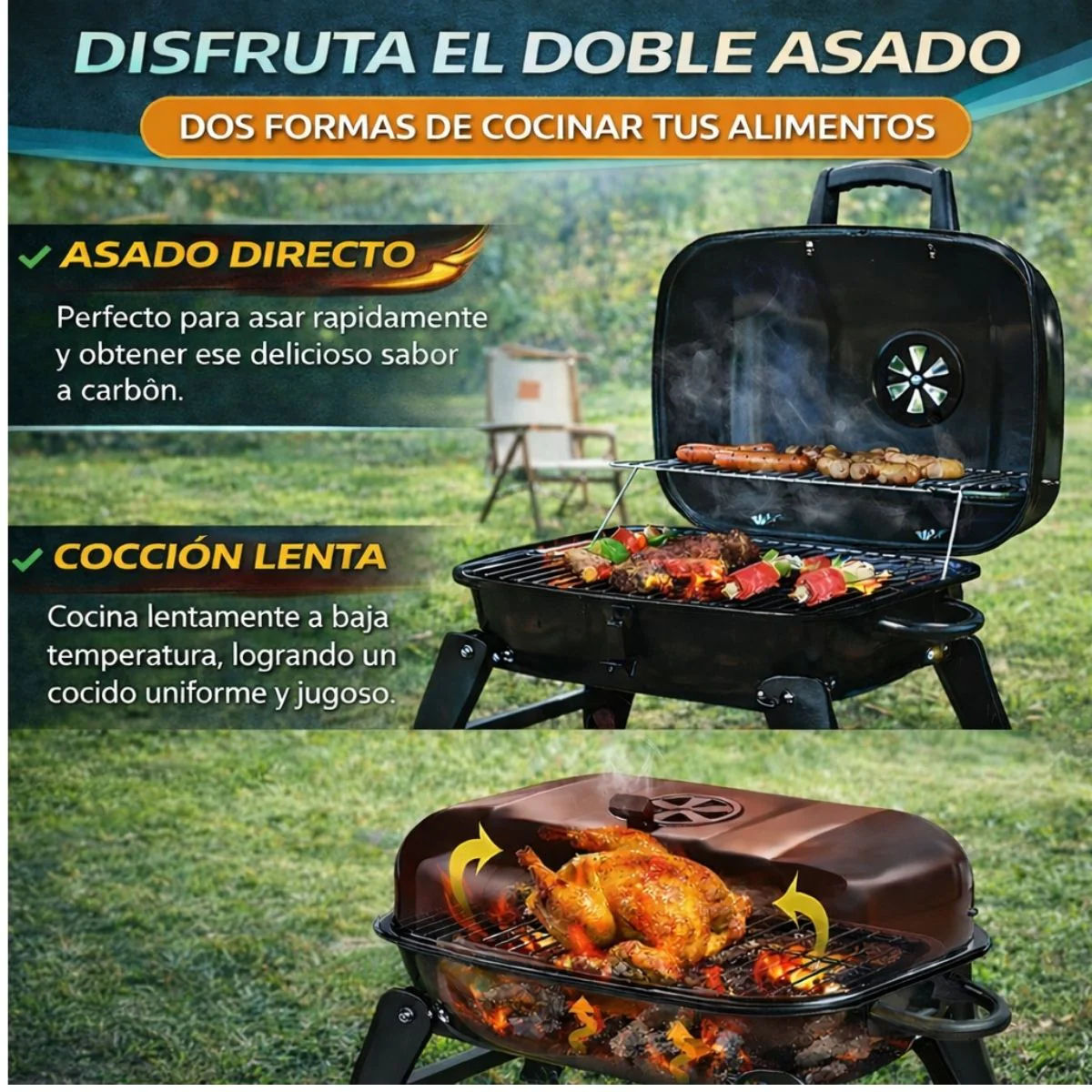 Parrillera De Carbón Portátil Plegable. Asador BBQ Con Tapa Y Ventilación Ajustable De Acero Pintado Negro (59X39x36cm) - Image 2