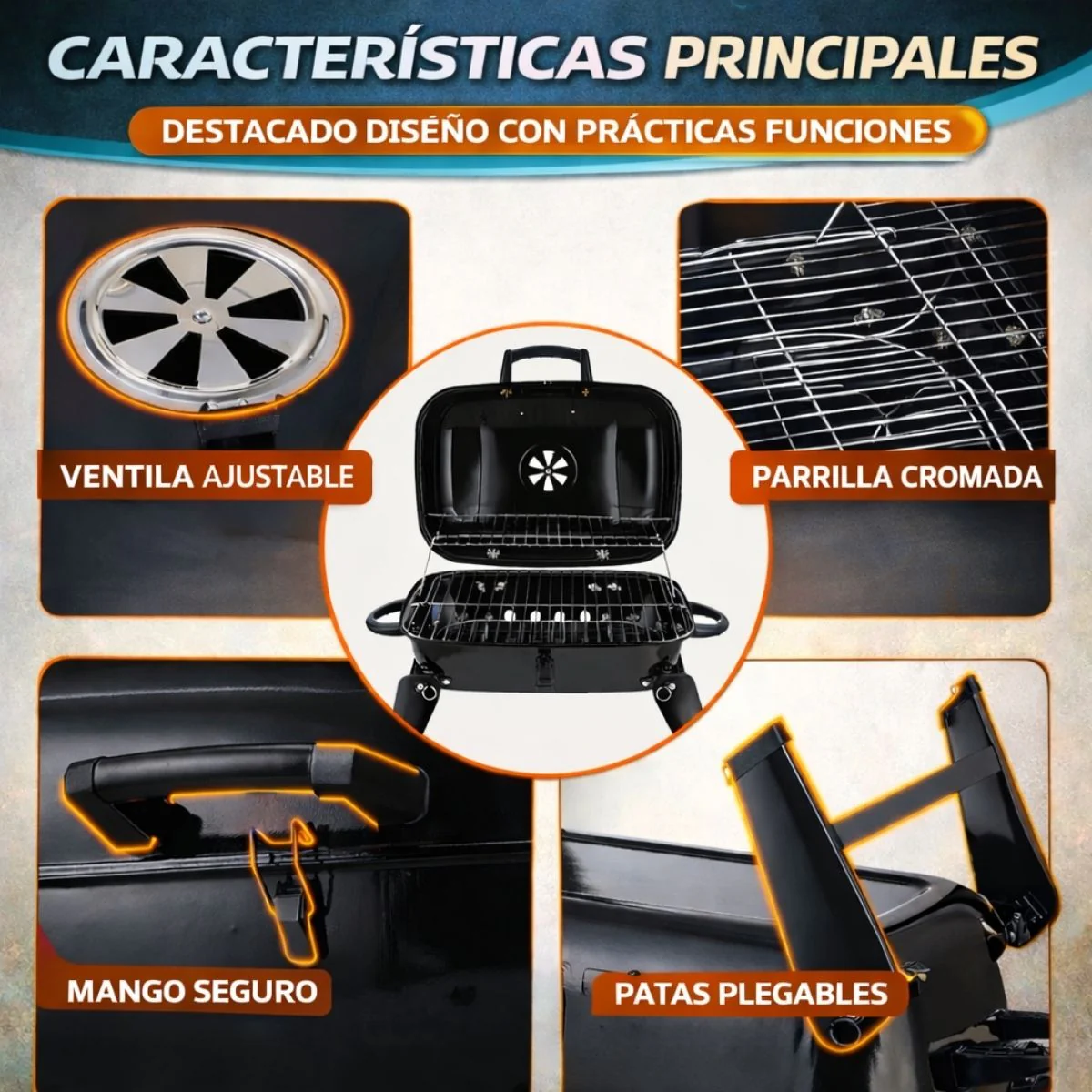 Parrillera De Carbón Portátil Plegable. Asador BBQ Con Tapa Y Ventilación Ajustable De Acero Pintado Negro (59X39x36cm) - Image 3