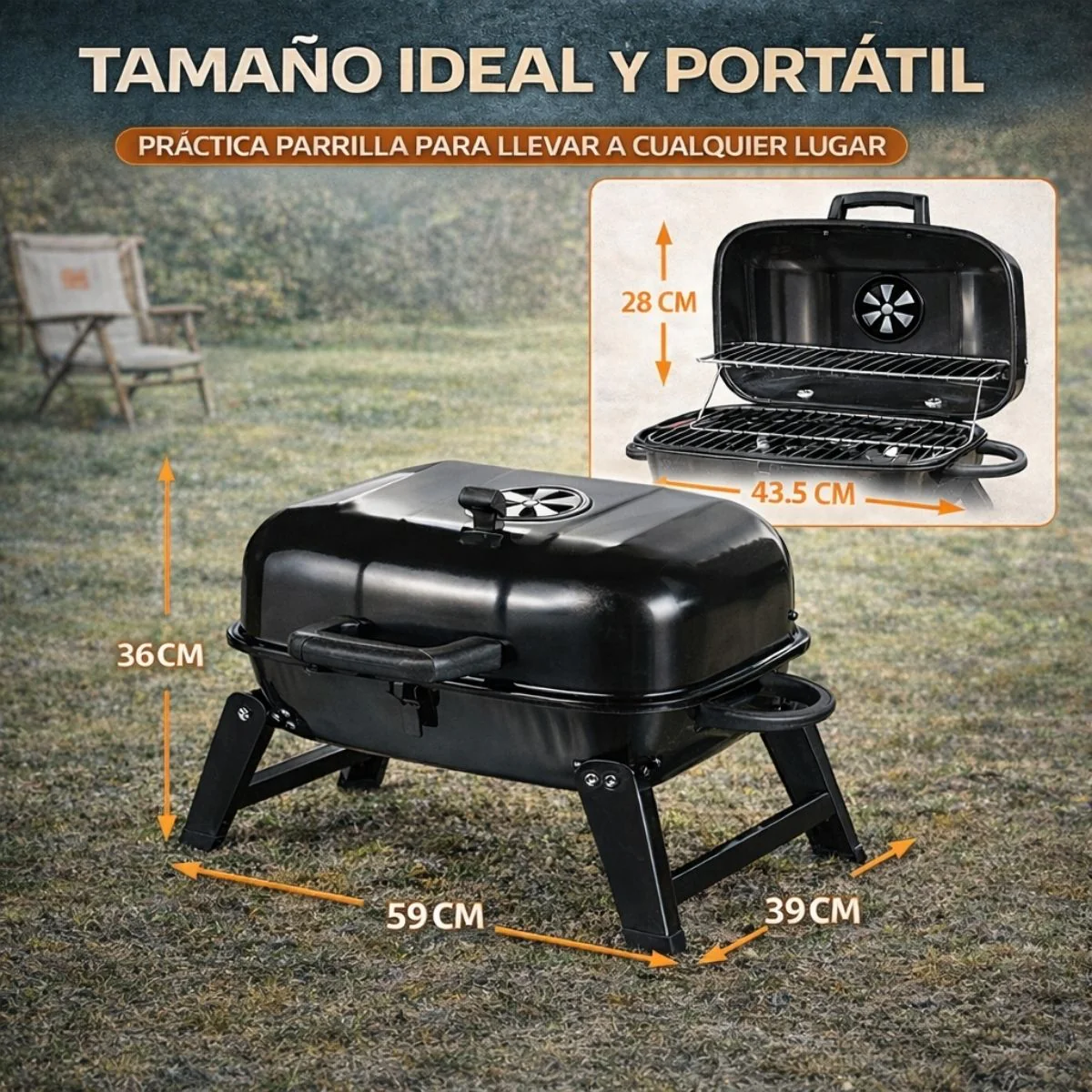 Parrillera De Carbón Portátil Plegable. Asador BBQ Con Tapa Y Ventilación Ajustable De Acero Pintado Negro (59X39x36cm) - Image 4