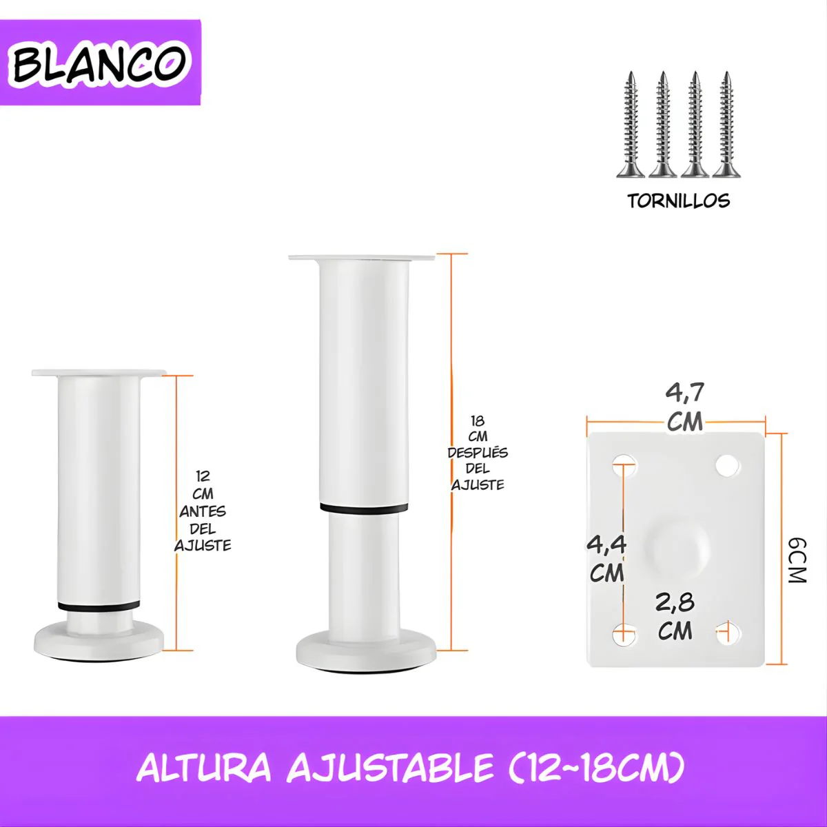 Pata Ajustable Para Muebles 12–18Cm. Soporte Metálico Reforzado Para Sofás, Mesas O Gabinetes. Fáciles De Instalar Y Nivelar. Color Blanco.