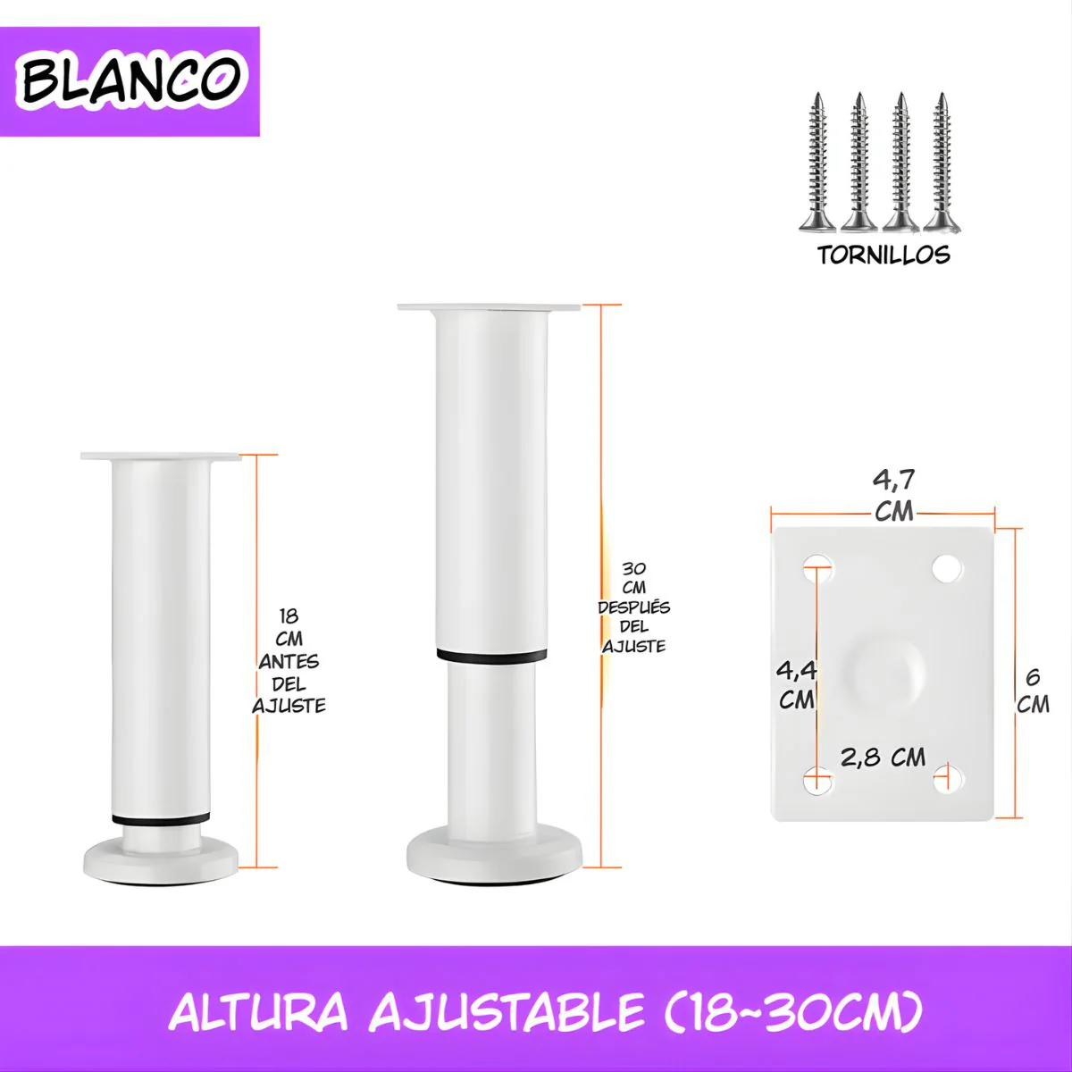Pata Ajustable Para Muebles 18–30Cm. Soporte Metálico Reforzado Para Sofás, Mesas O Gabinetes. Fáciles De Instalar Y Nivelar. Color Blanco.