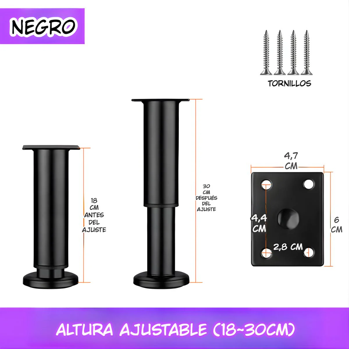 Pata Ajustable Para Muebles 18–30Cm. Soporte Metálico Reforzado Para Sofás, Mesas O Gabinetes. Fáciles De Instalar Y Nivelar. Color Negro.