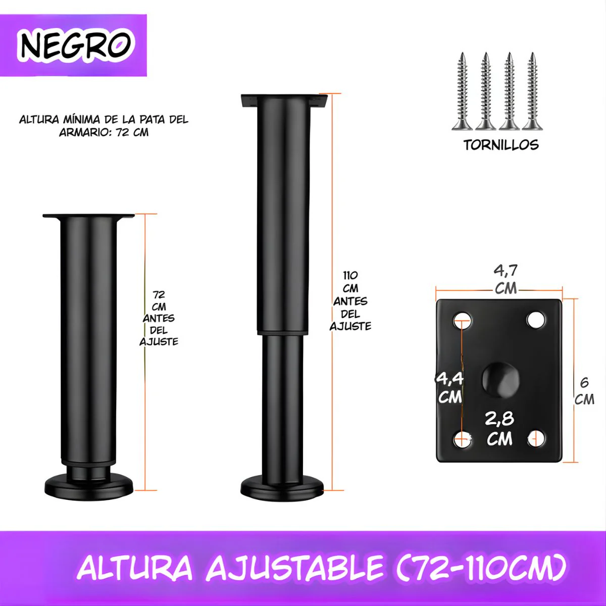 Pata Ajustable Para Muebles 72–110Cm. Soporte Metálico Reforzado Para Sofás, Mesas O Gabinetes. Fáciles De Instalar Y Nivelar. Color Negro.