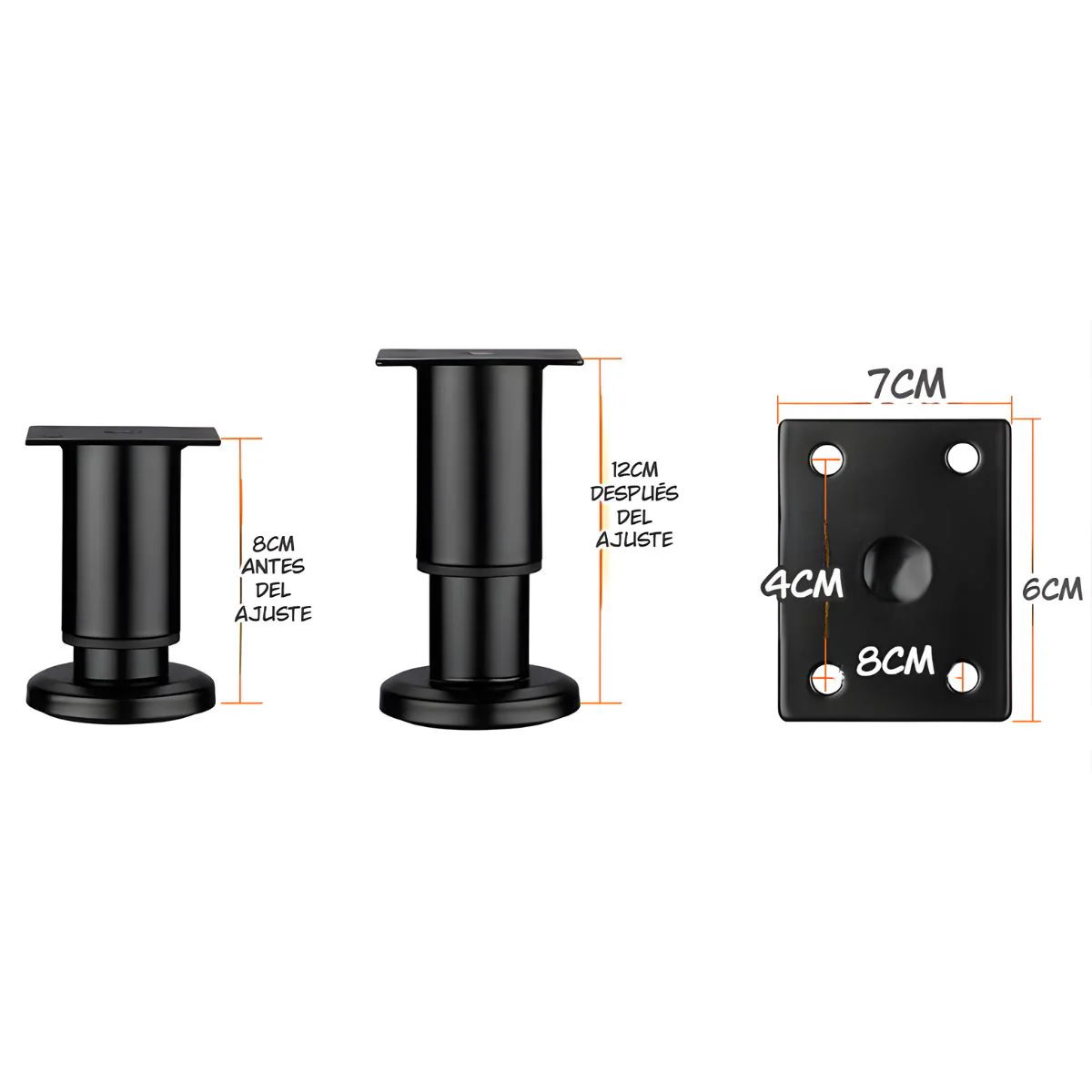 Pata Ajustable Para Muebles 8–12Cm. Soporte Metálico Reforzado Para Sofás, Mesas O Gabinetes. Fáciles De Instalar Y Nivelar. Color Negro.