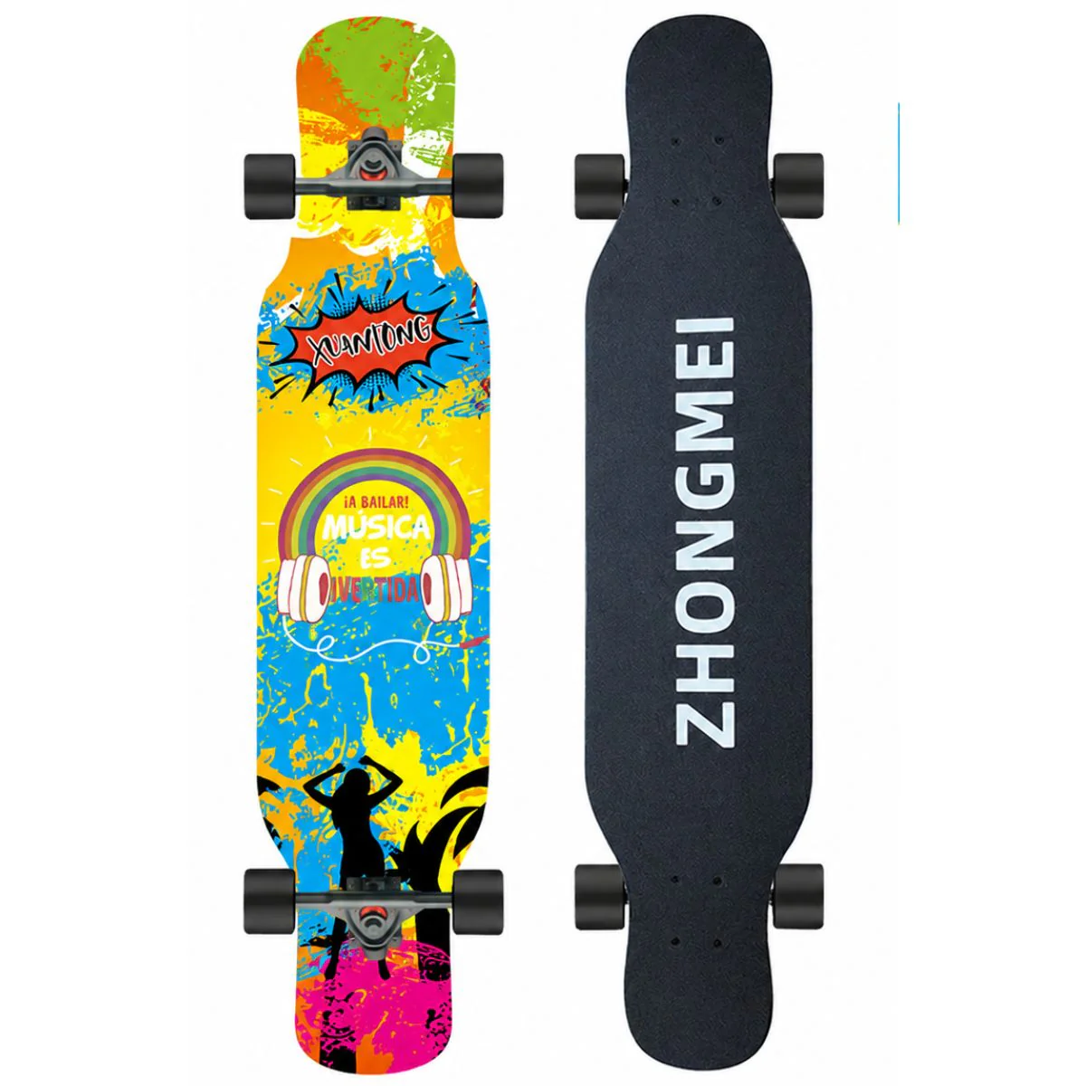 Patineta Profesional 42”. Longboard Skate Maple AAAA ABEC-11 Ruedas PU 70X51mm Tabla Doble Kick Long Skate. Estampado Multicolor.