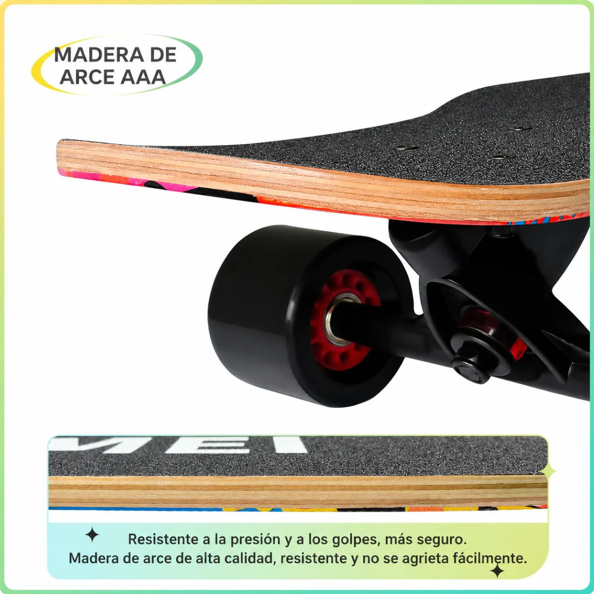 Patineta Profesional 42”. Longboard Skate Maple AAAA ABEC-11 Ruedas PU 70X51mm Tabla Doble Kick Long Skate. Estampado Multicolor. - Image 2