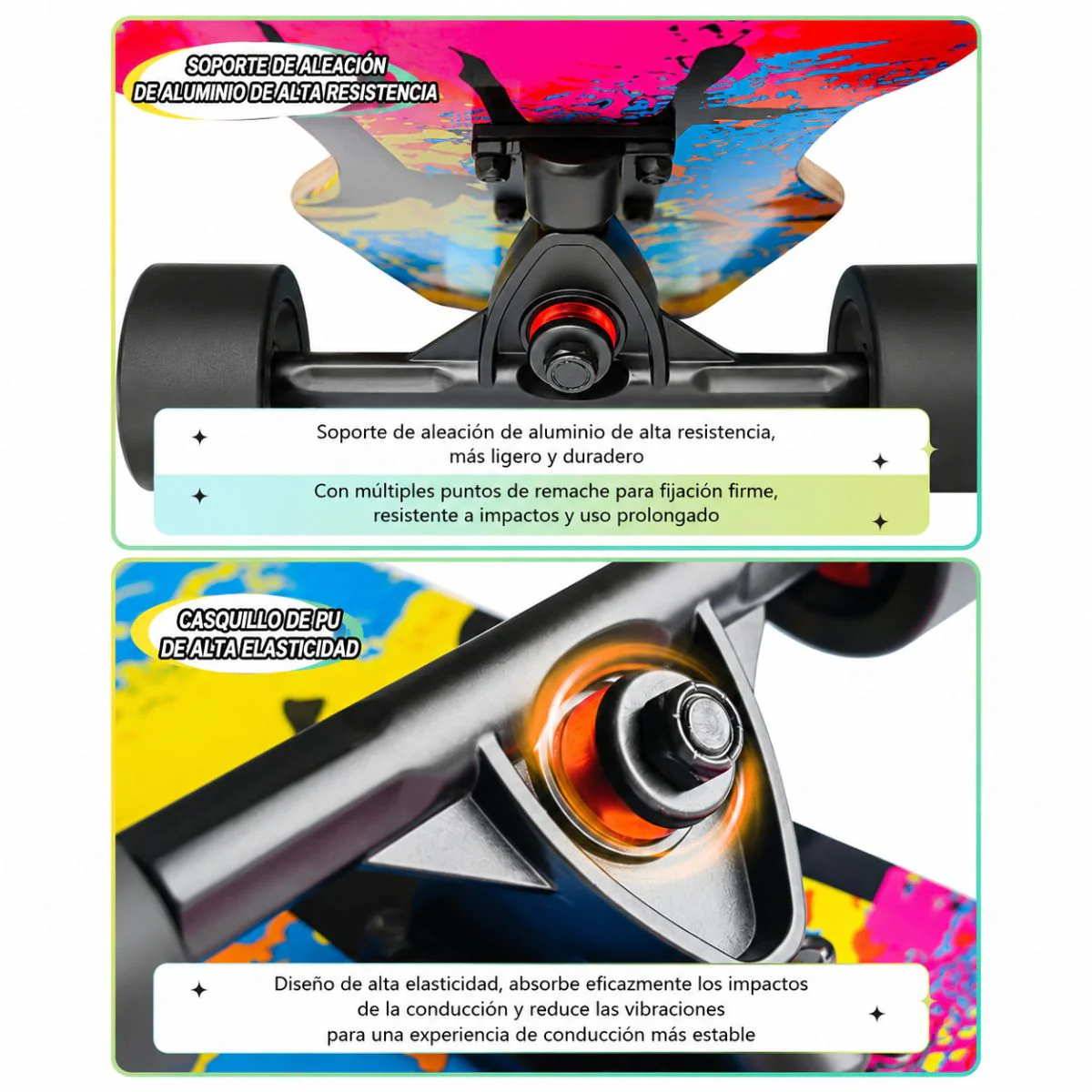 Patineta Profesional 42”. Longboard Skate Maple AAAA ABEC-11 Ruedas PU 70X51mm Tabla Doble Kick Long Skate. Estampado Multicolor. - Image 4